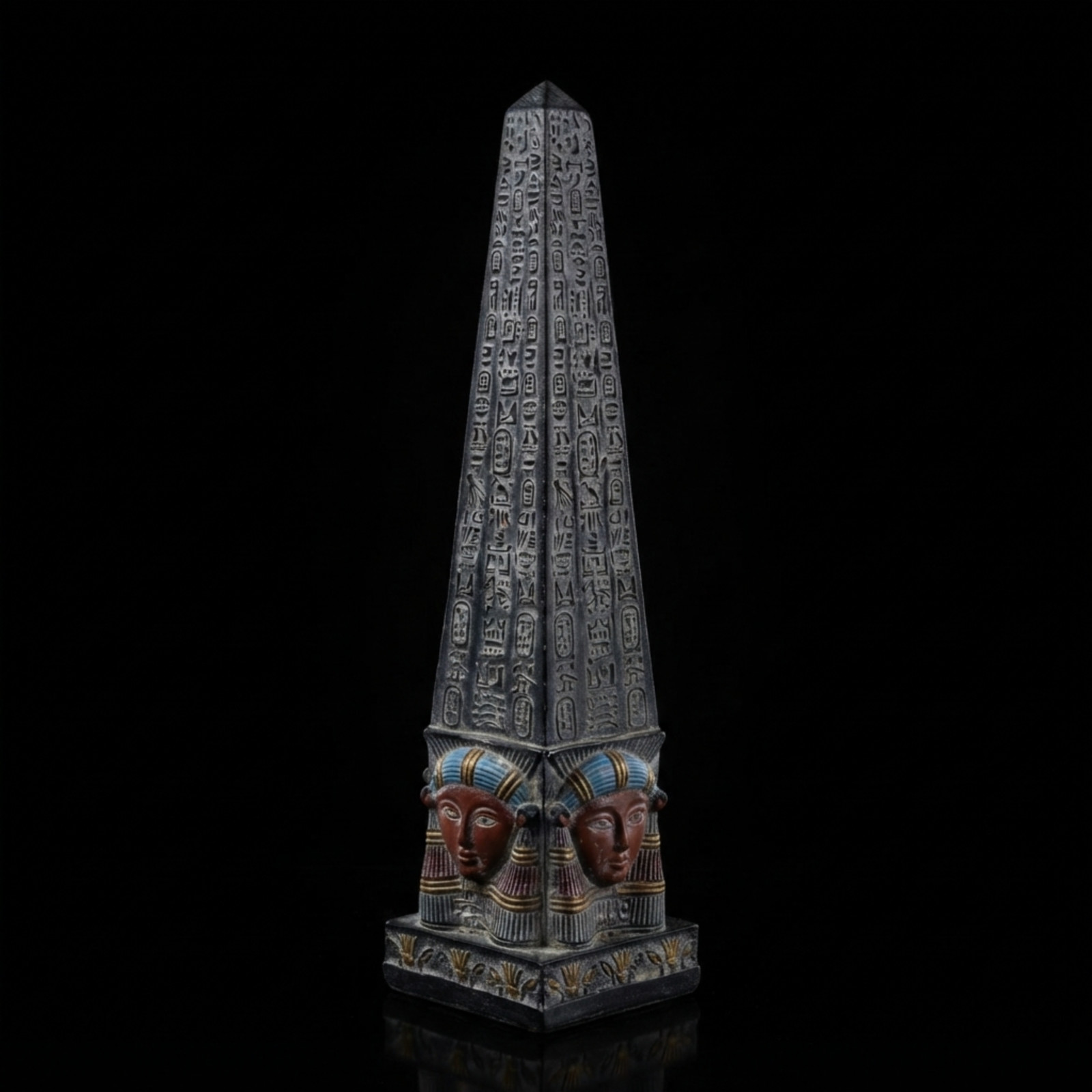 Ancient Egyptian Obelisk Statue Stone Hathor Head Base Stone Hieroglyphic Pillar