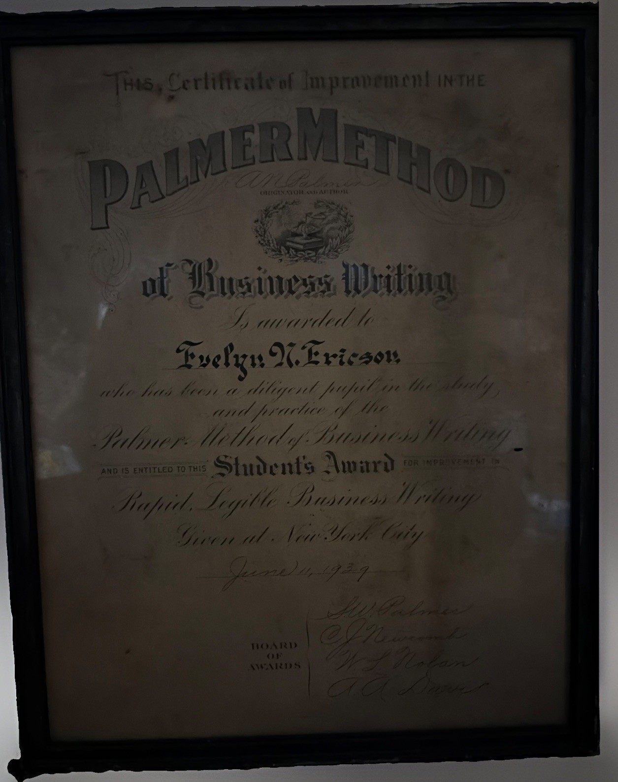 The Palmer Method Of Business Writing Student Award 1926 Antique Framed