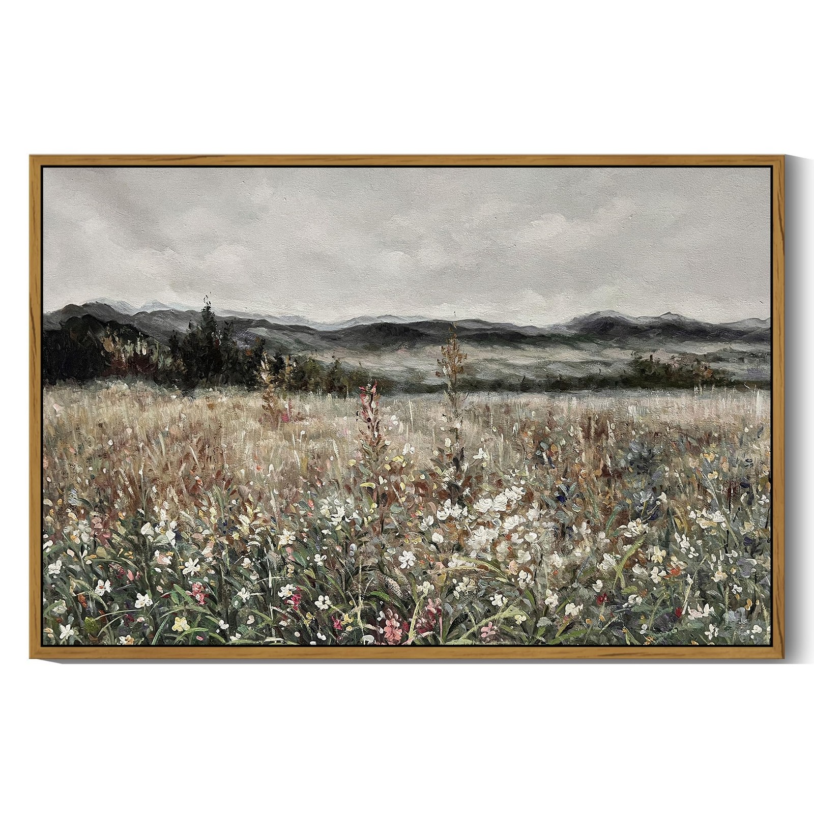 SHENIFY Vintage Landscape Framed Wall Art Meadow Flowers 24x36in Natural Framed