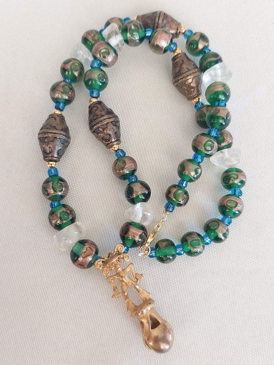 Rare Pre Columbian Tumbaga Male Figure Bell On Assembled Antique Bead Necklace