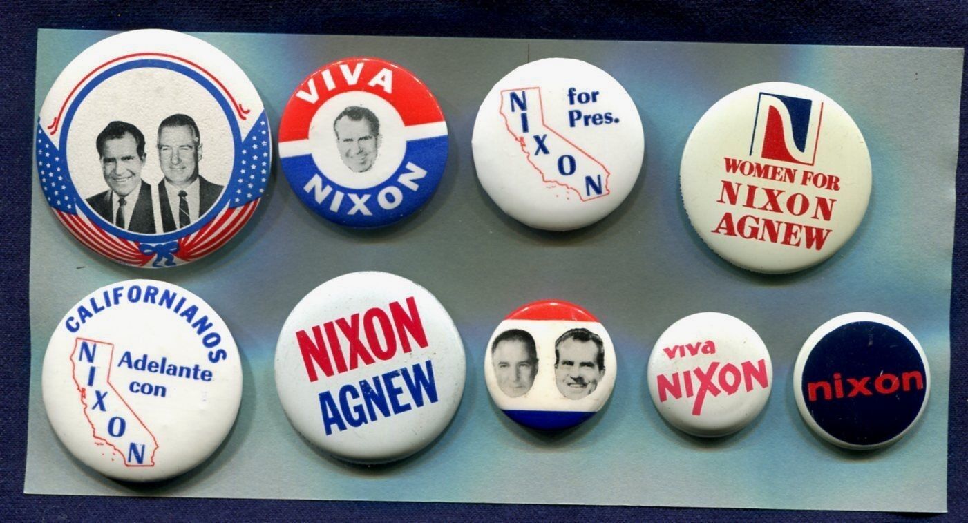 1968  & 1972 (9) Nixon For President Buttons -- TWO Jugates