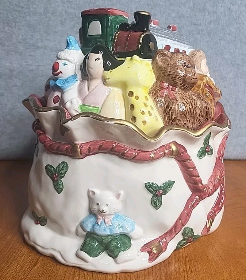 Vintage Fitz & Floyd 1987 Bag of Toys Christmas Cookie Jar Covered Ceramic Taiwa