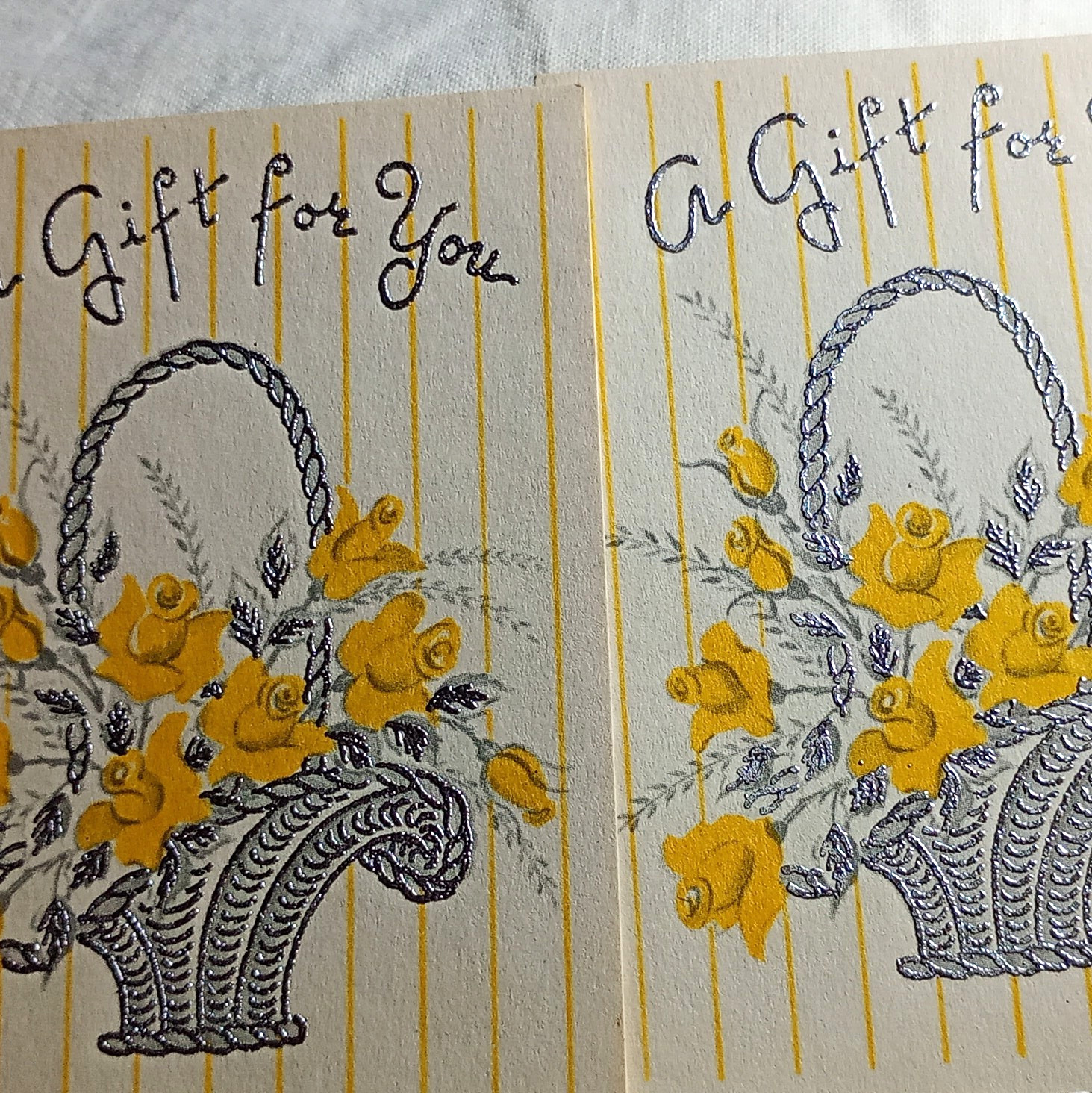 vtg 2 UNUSED GIFT CARDS - A Quaint Shop Original SILVER EMBOSSEING
