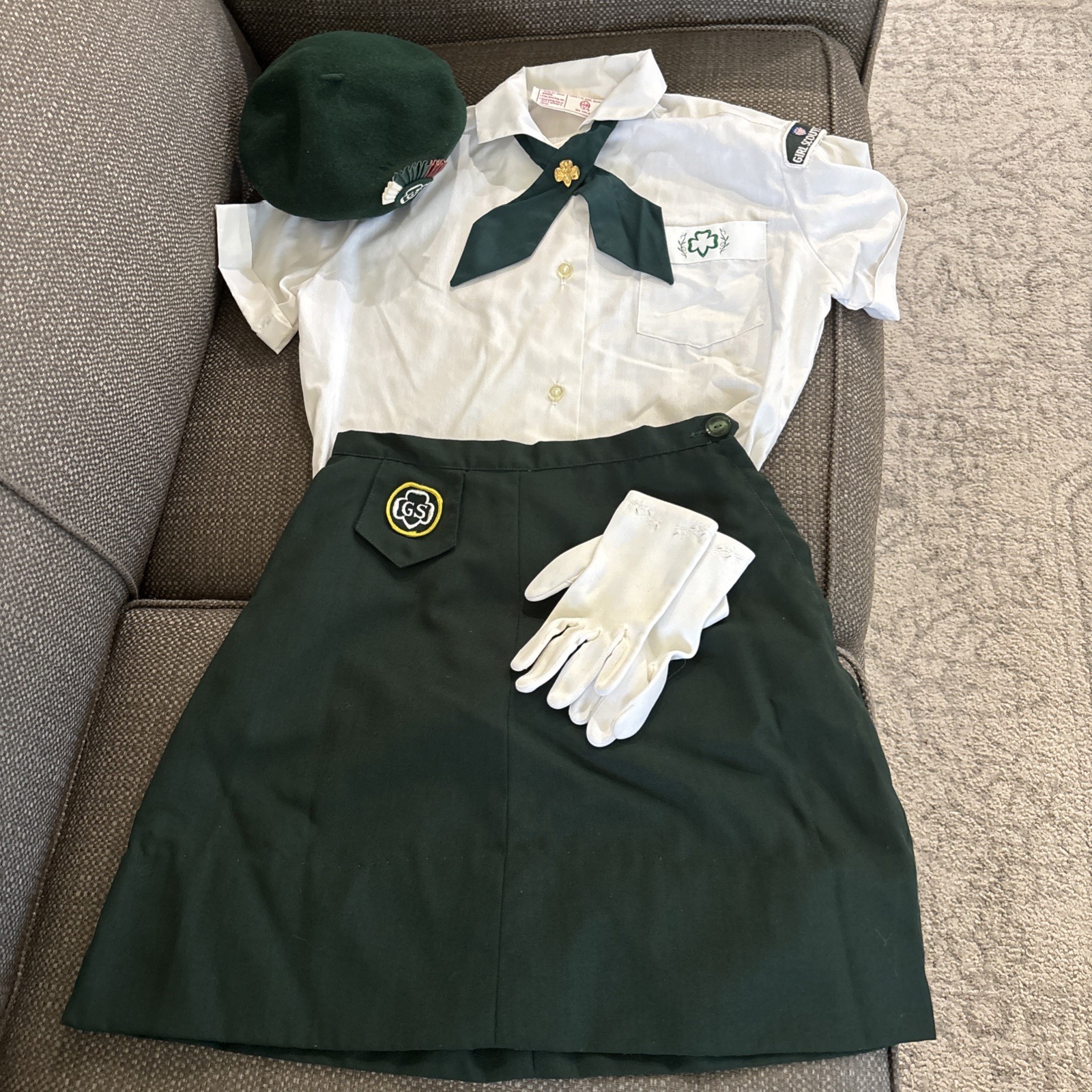 Girl Scouts Cadets Uniform, Blouse, Tie, Pin, Skirt, Gloves, Hat  1960’s/70’s.