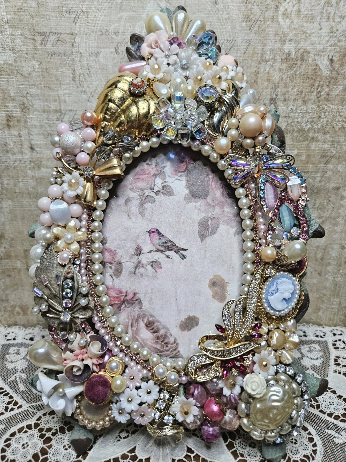 Handcrafted OOAK Vintage To Now Jeweled Picture Frame #988