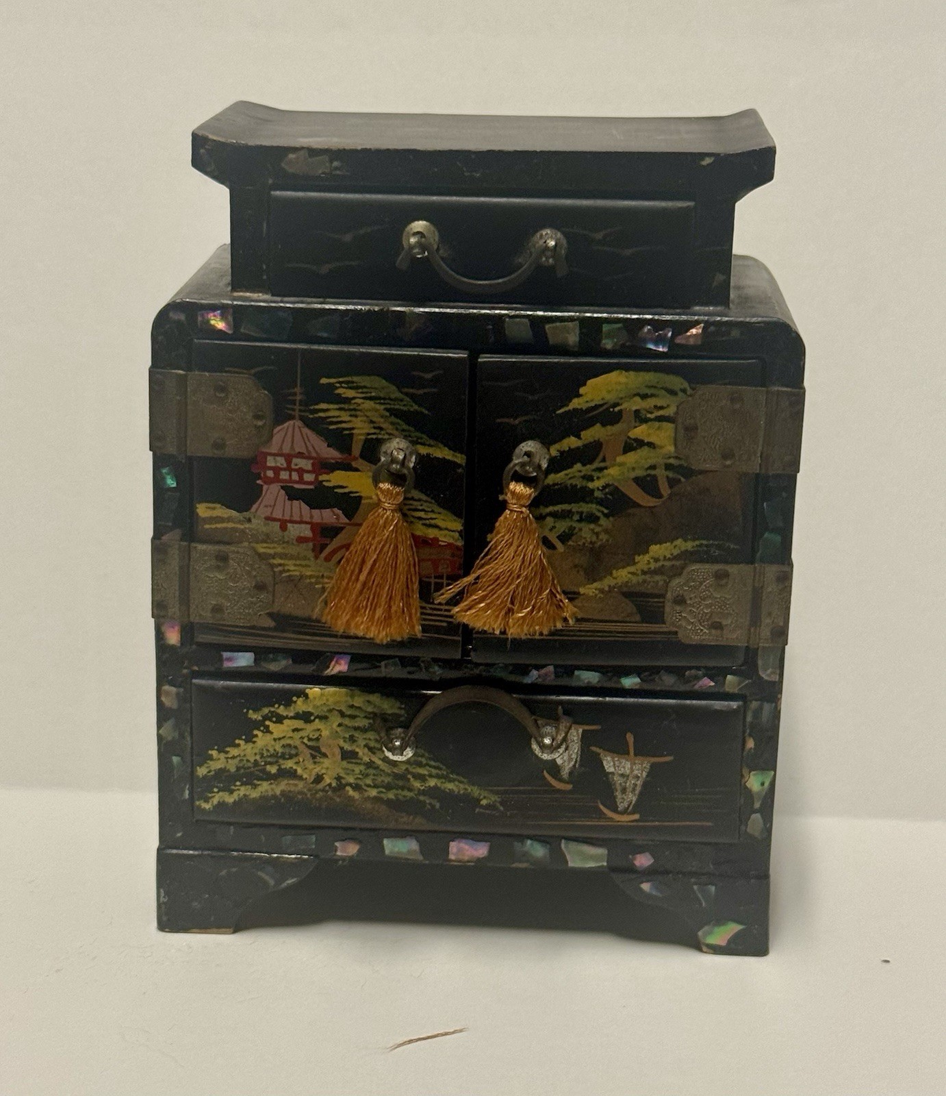 Vintage Japanese Black Lacquer Pagoda Jewelry Box Chest Kodansu Cabinet Tansu 