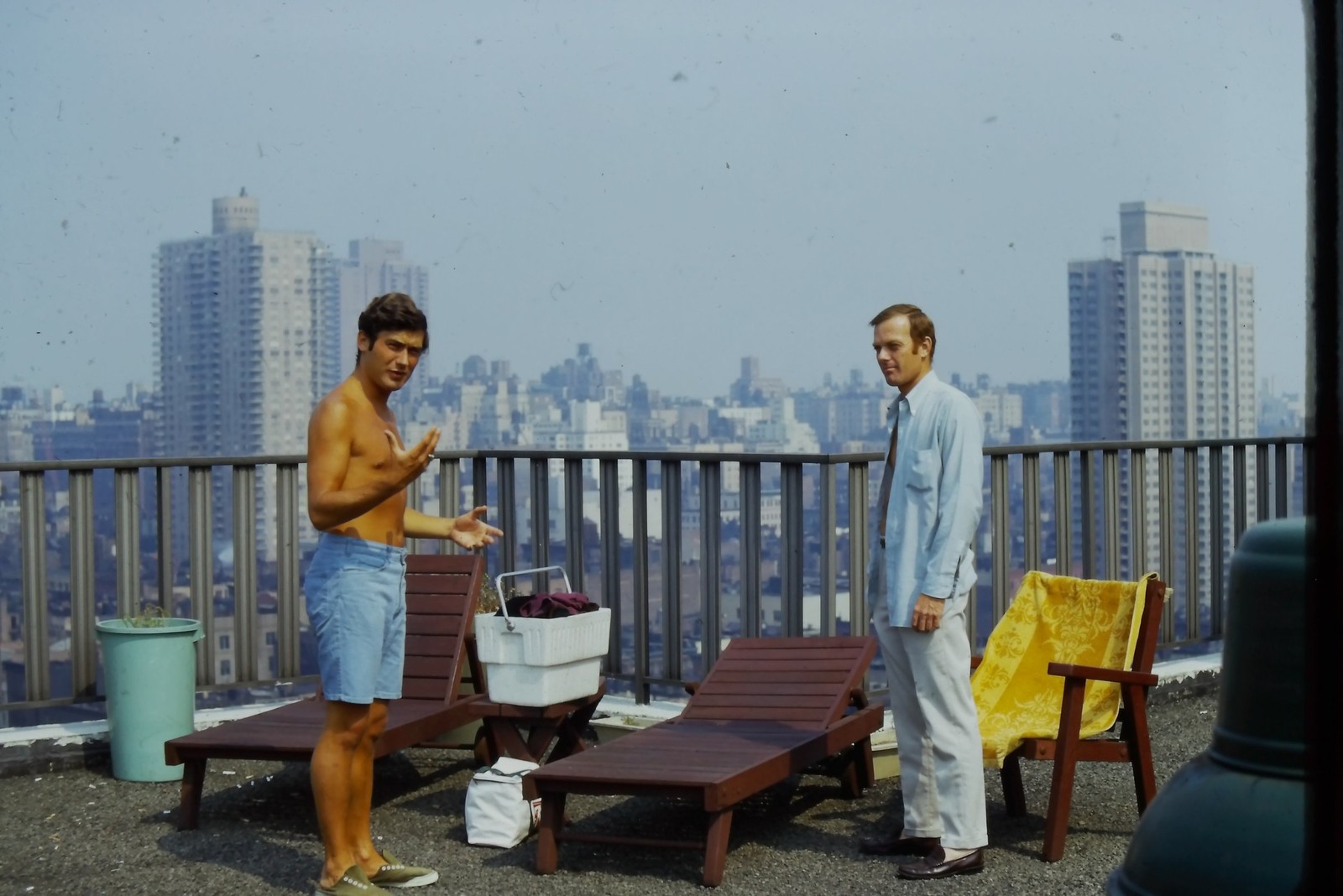 c1970\'s Kodachrome 35mm Slide, Men Rooftop City Skyline Lounge Chairs swimming