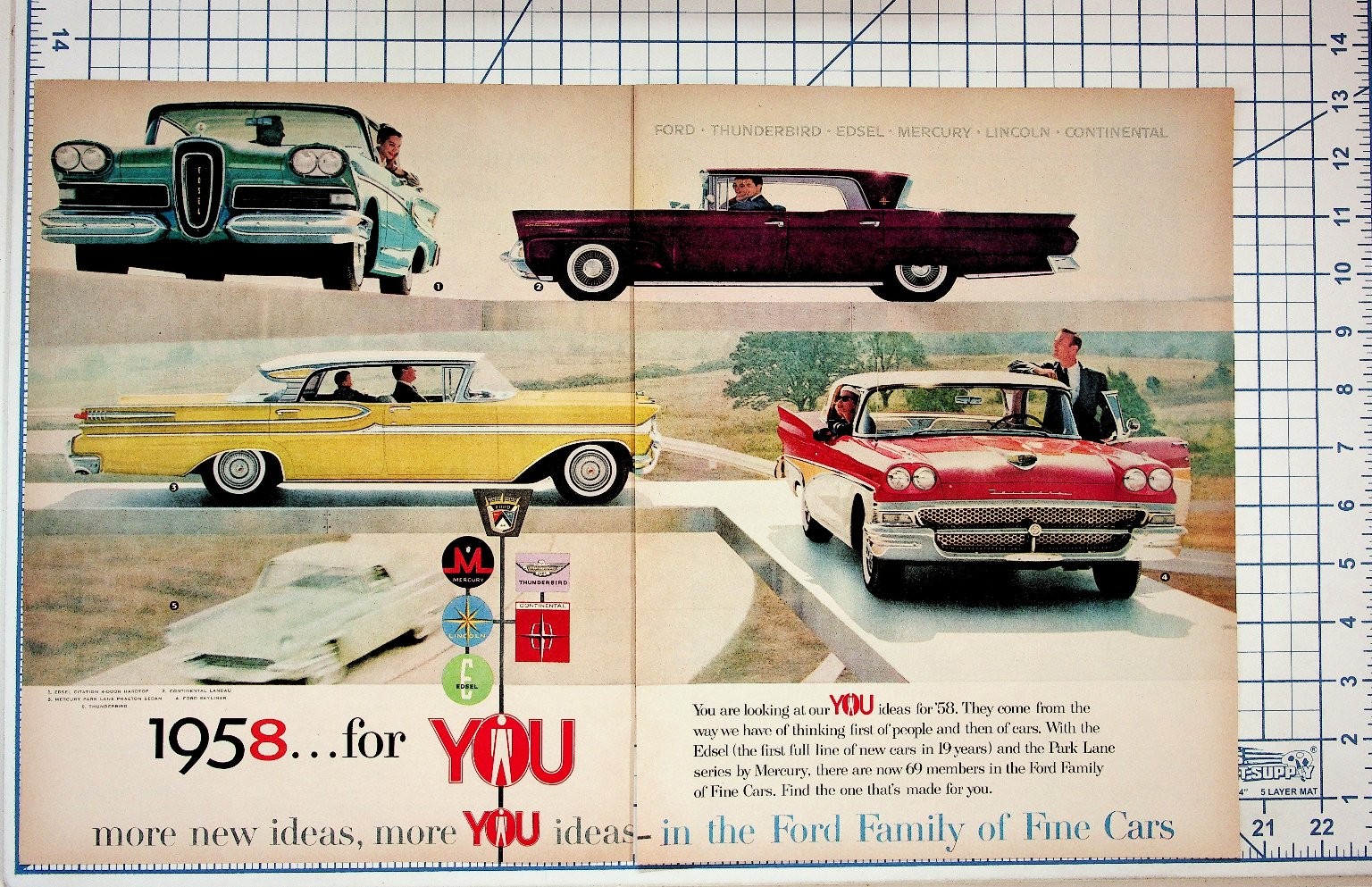 1958 Ford Family of Fine Cars Original Magazine Ad Edsel Thunderbird Mercury