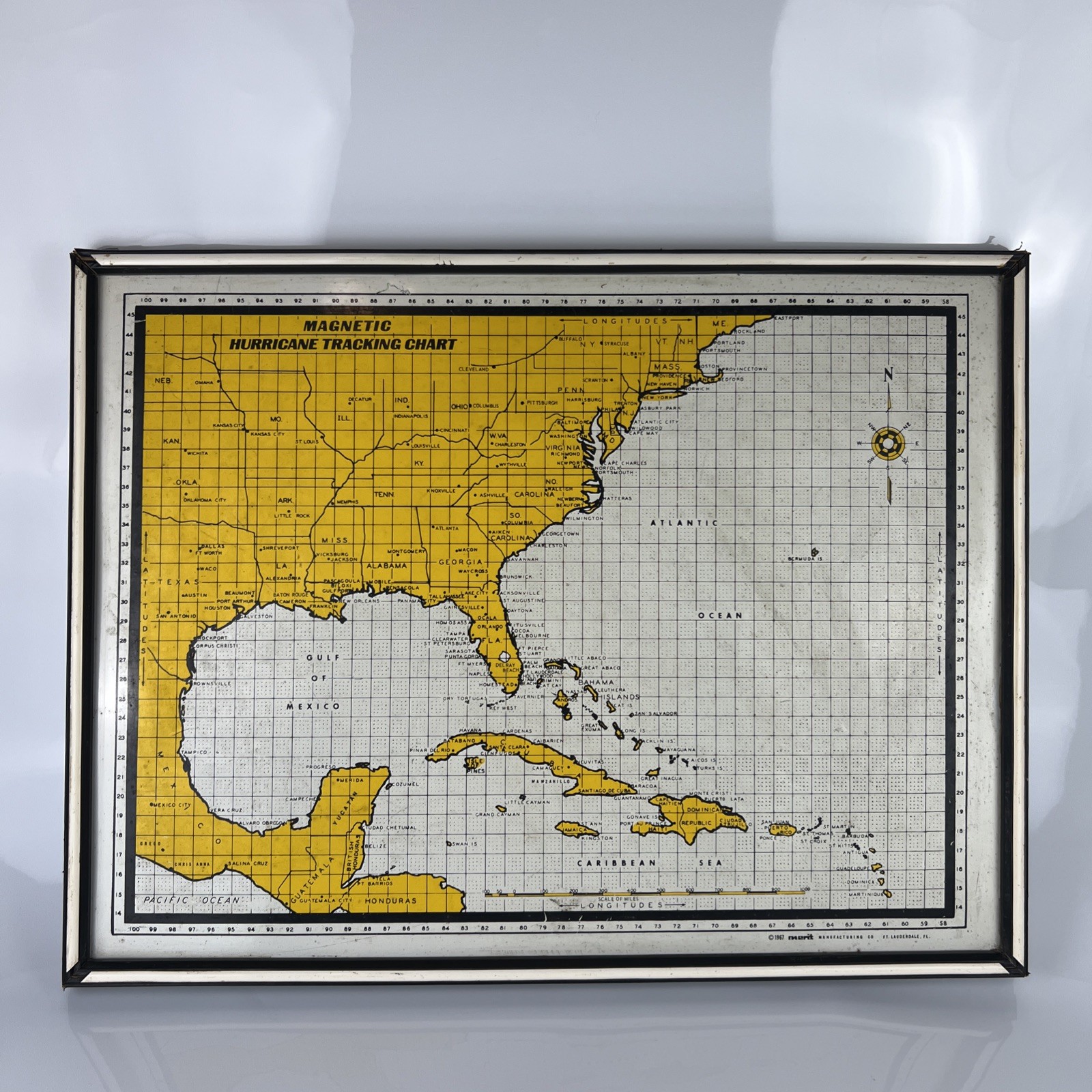 Vintage 1967 Merit Magnetic Hurricane Tracking Chart Map 19 x 25 Framed