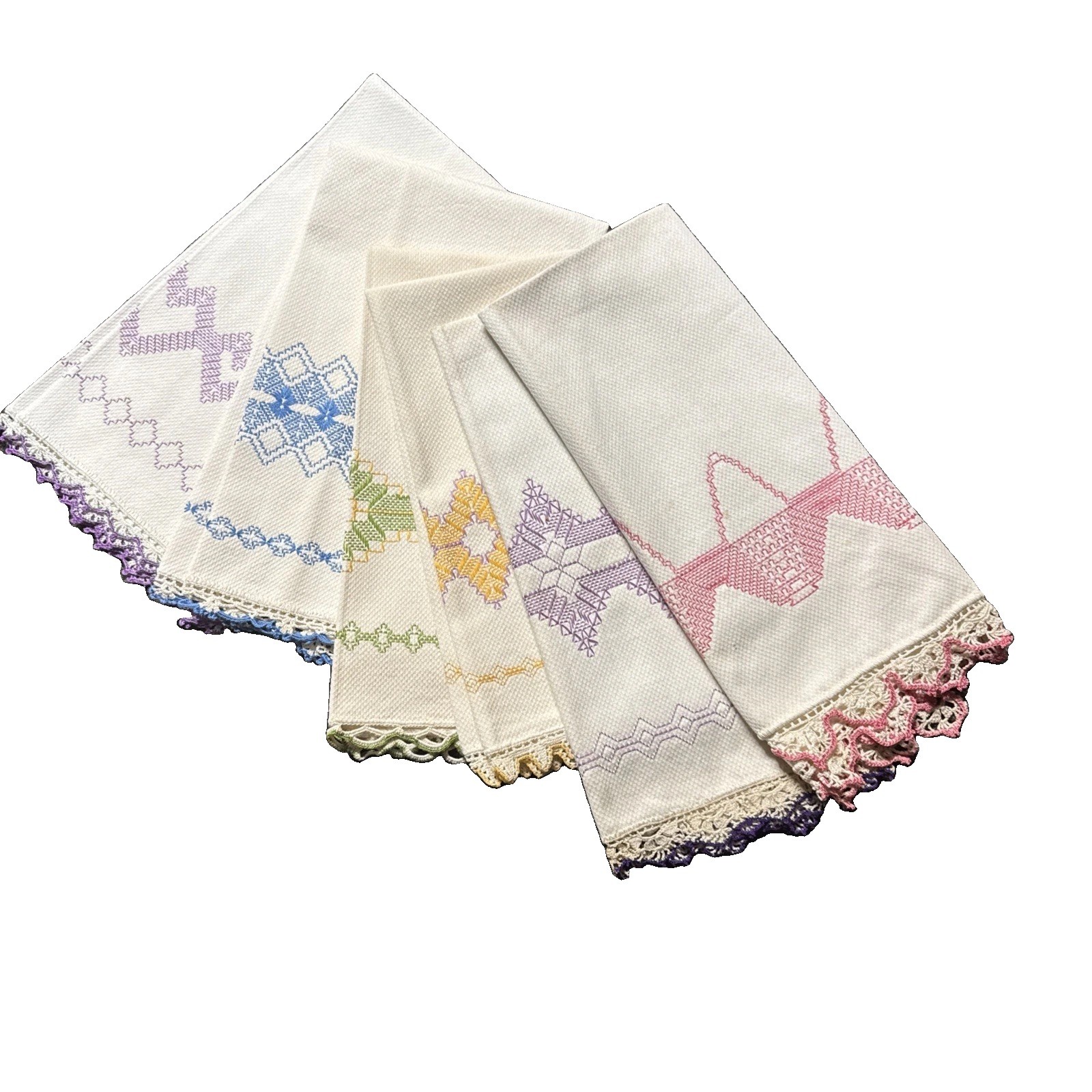 Vtg Hand-Embroidered Huck Weave Towels with Crocheted Lace Edging  Set Of 6