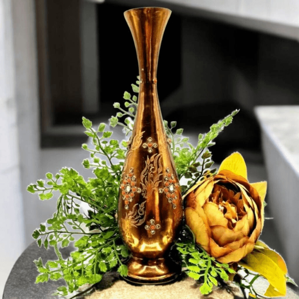 Vintage Moroccan Copper Etched Vase with Jewels and Stones by Julis 9 inch