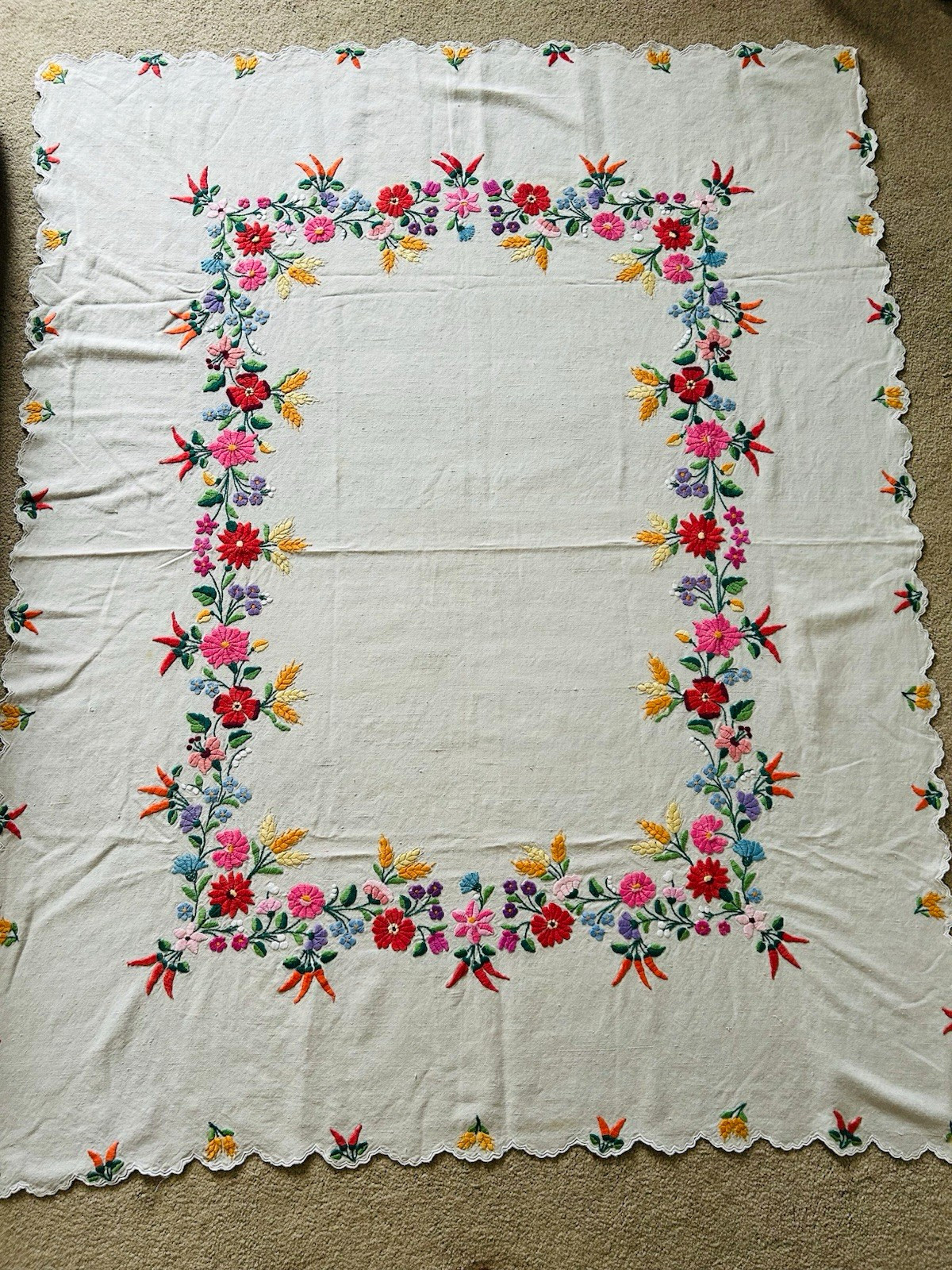 Vintage Hungarian Hand Embroidered Kalocsa Tablecloth Large Linen Paprika Floral
