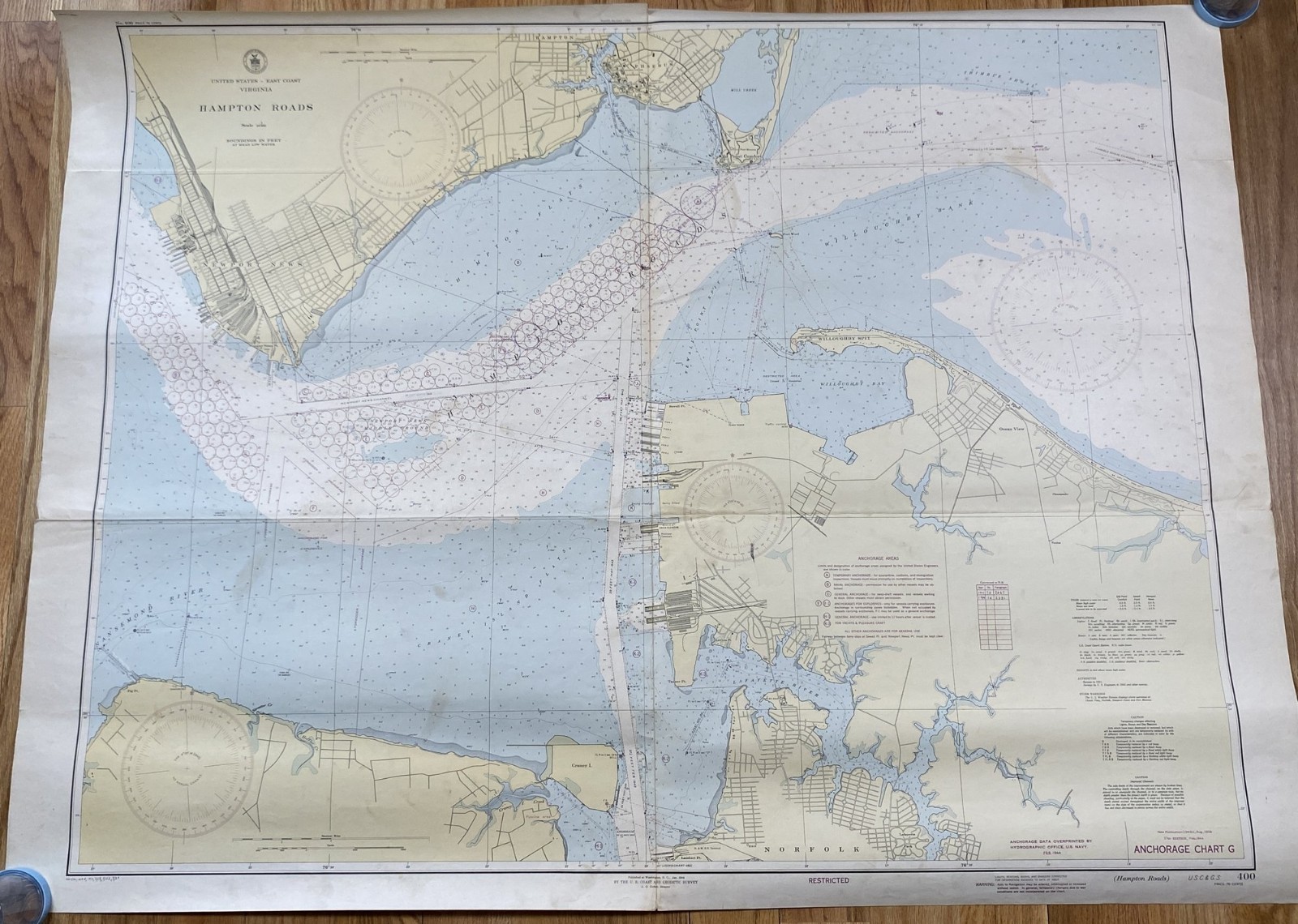 1944 WWII US Navy Hydrographic Office Nautical Chart #400 Hampton Roads Virginia
