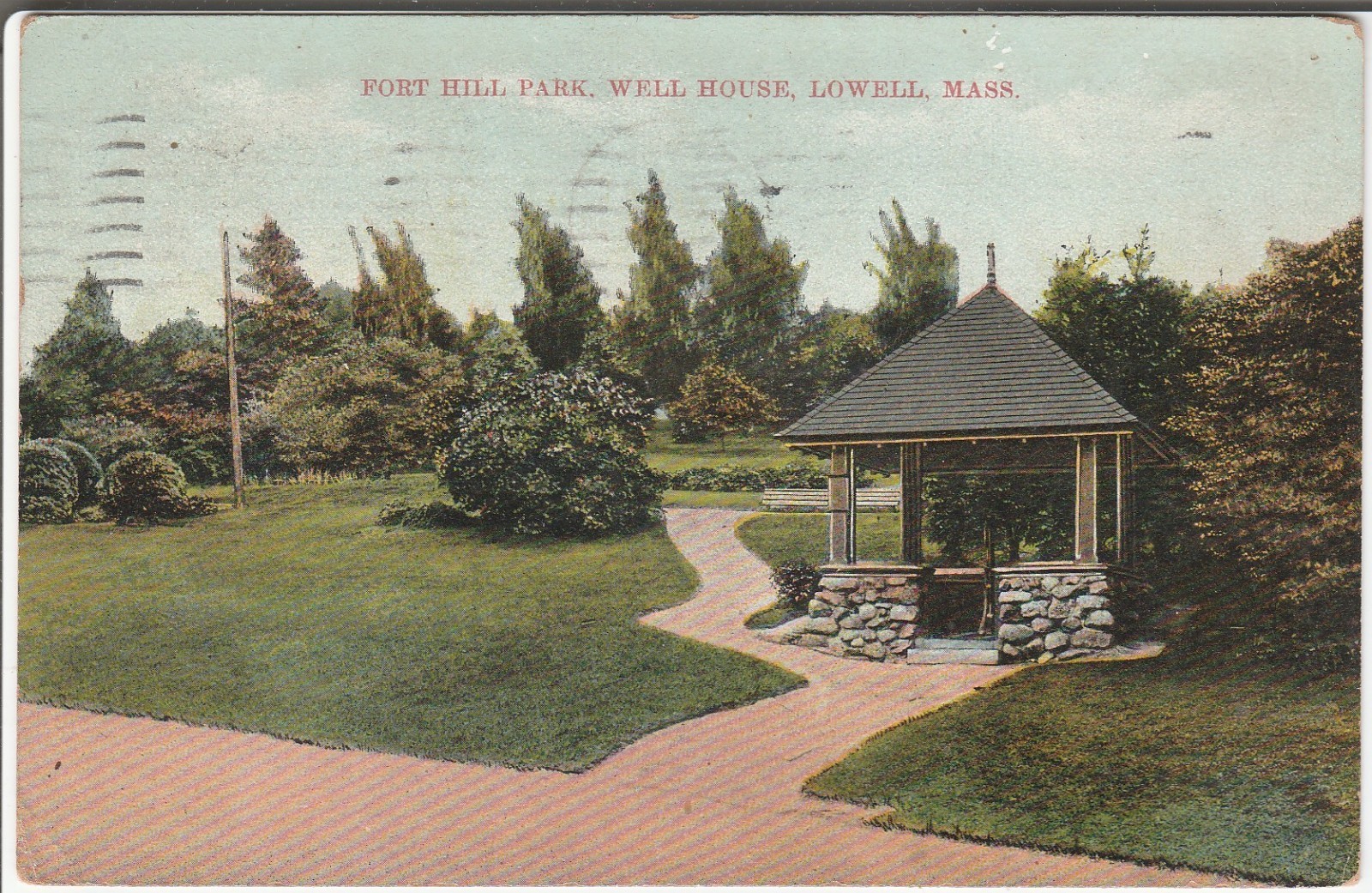 Lowell MA postcard - Fort Hill Park - well house 1908