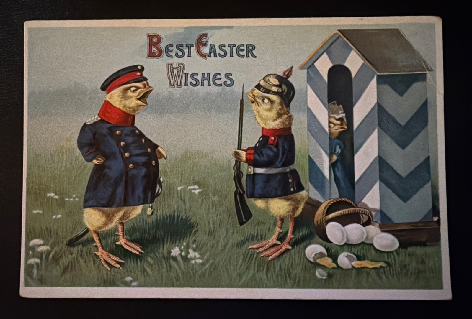 ~Dressed~Soldier Chicks~Guard Eggs~ Antique~Easter Fantasy Postcard~s220