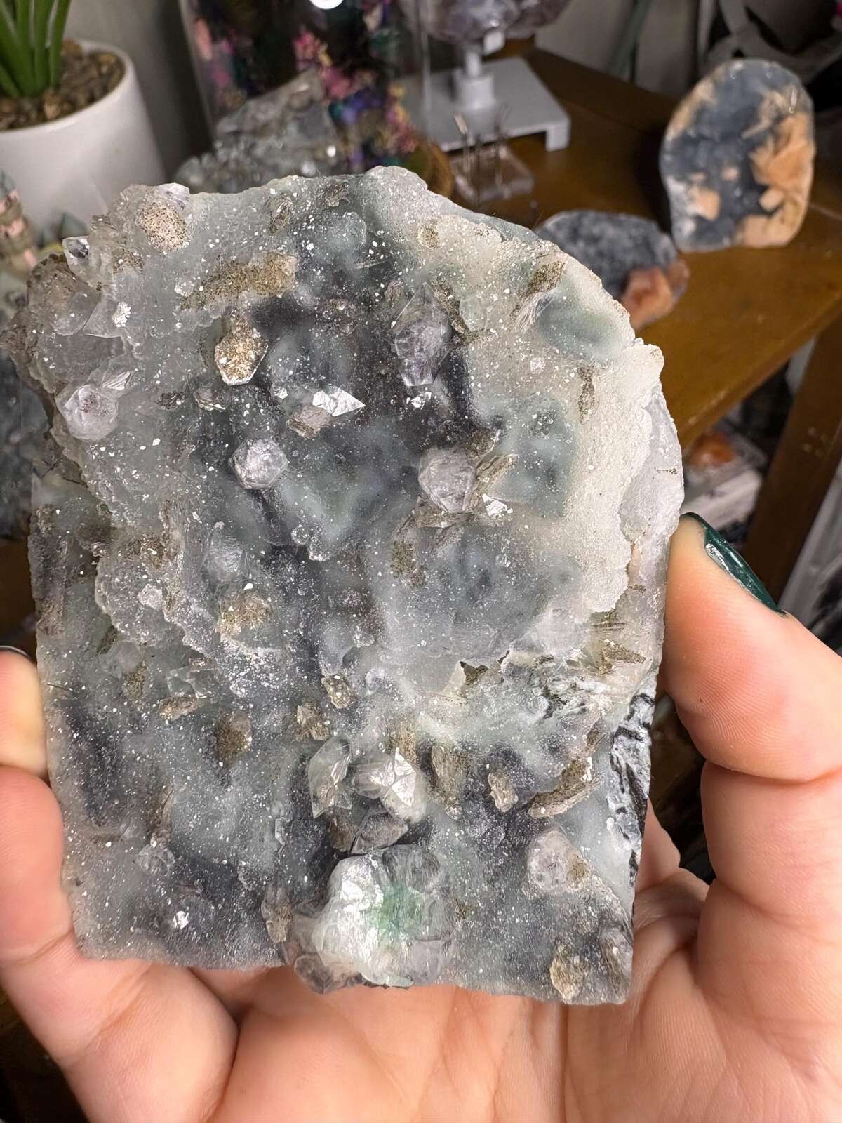 Blue Chalcedony with Druzy Quartz & Stilbite | India