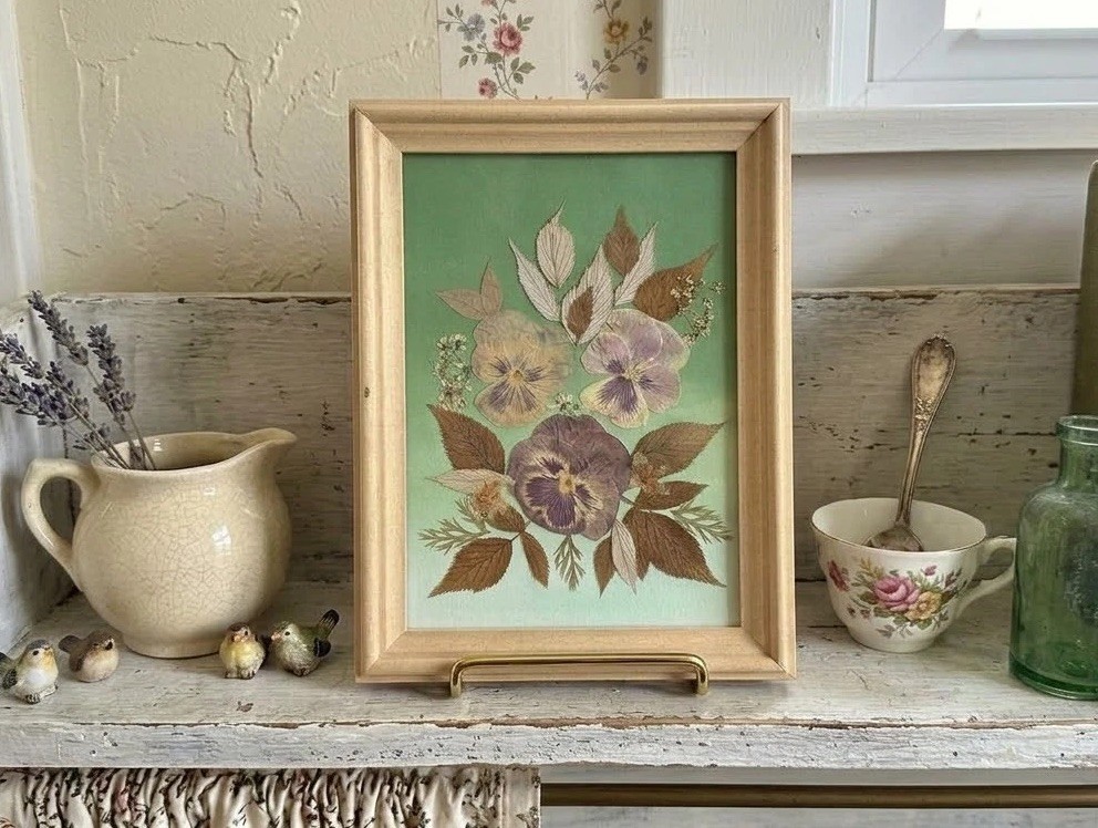 Vintage 1992 Russian Pressed Flower Botanical Art Framed Pansies Handmade Uglich