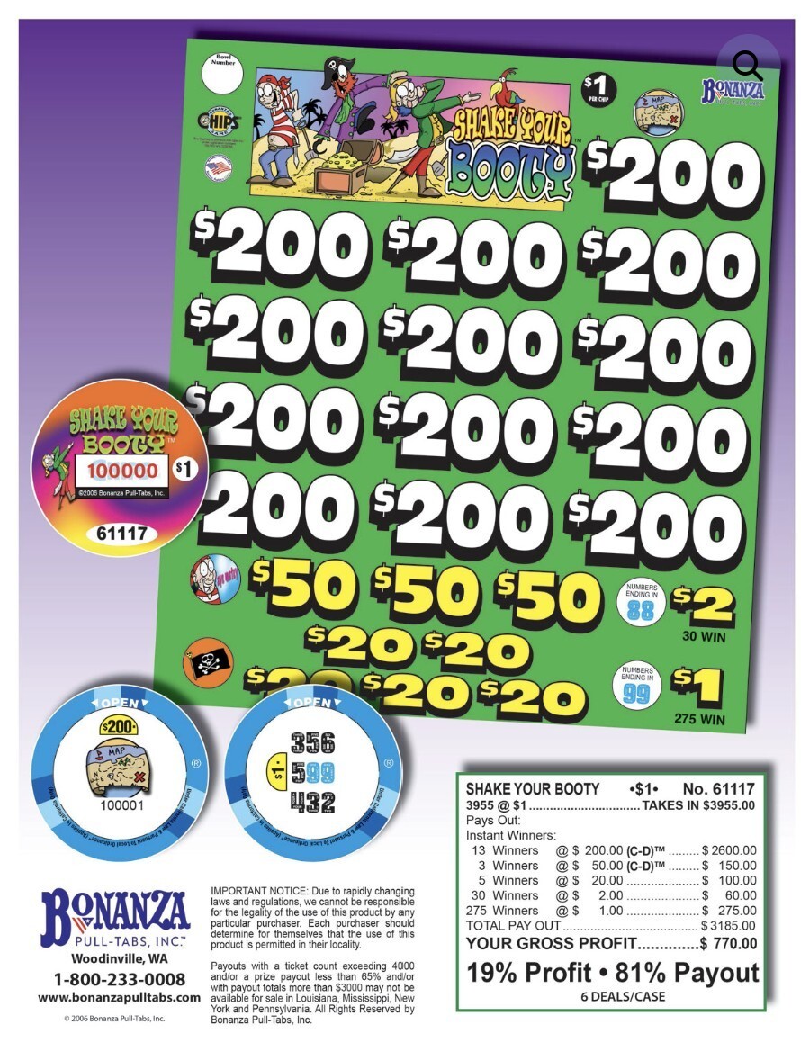 Pull Tab Tickets - Chips - Game - Shake Your Booty - 3,955 ct