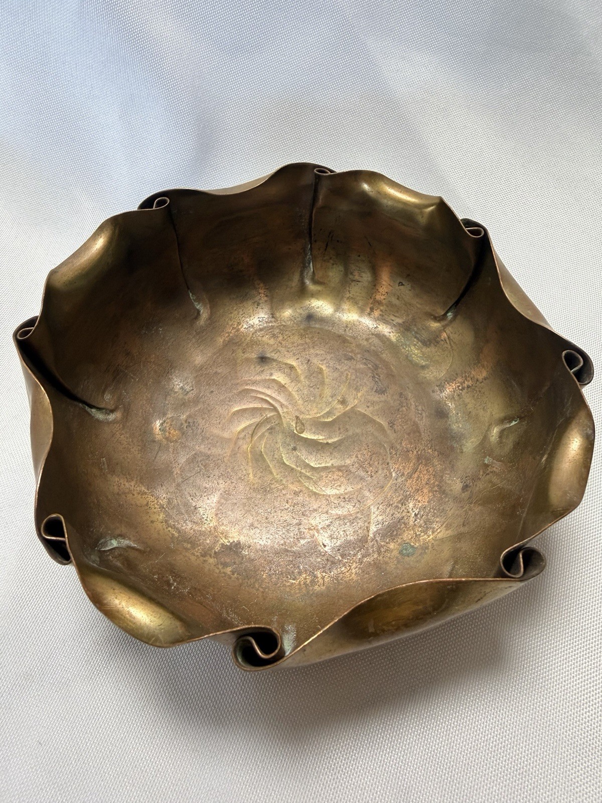 Atq/Vtg Copper Bowl Folded Early Craftsmen Inc Ruffled Marked/Numbered 821
