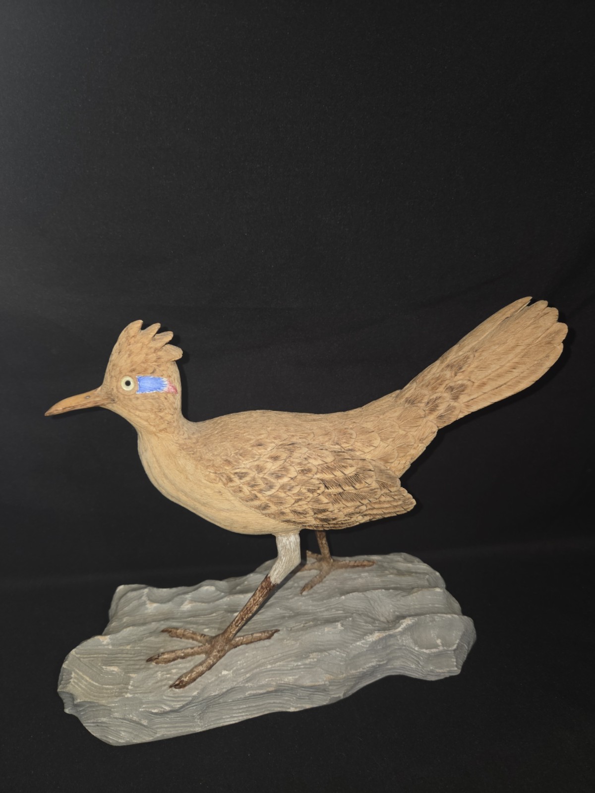 Beautiful Hand Carved Wooden Roadrunner  Sculpture On Base Signed Tex Downey 