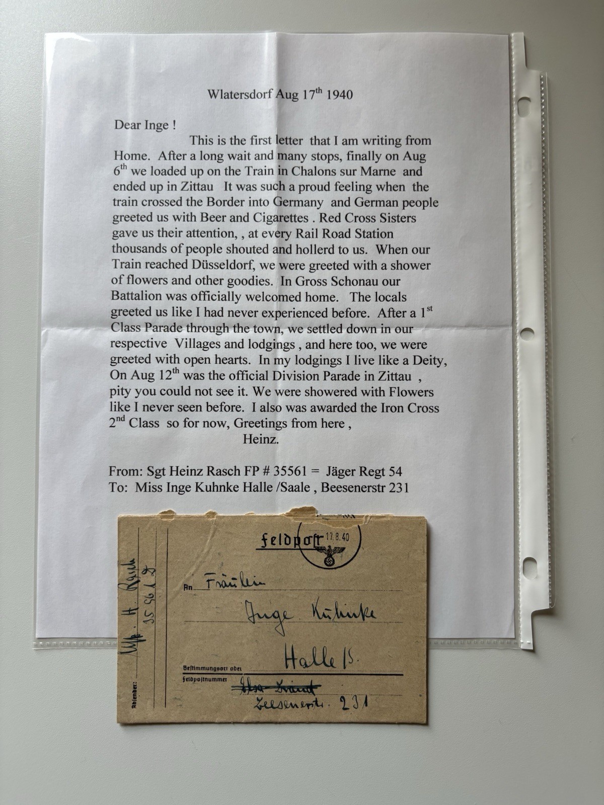 Original Translated WWII German Feldpost Letter 1940 Iron Cross Mention
