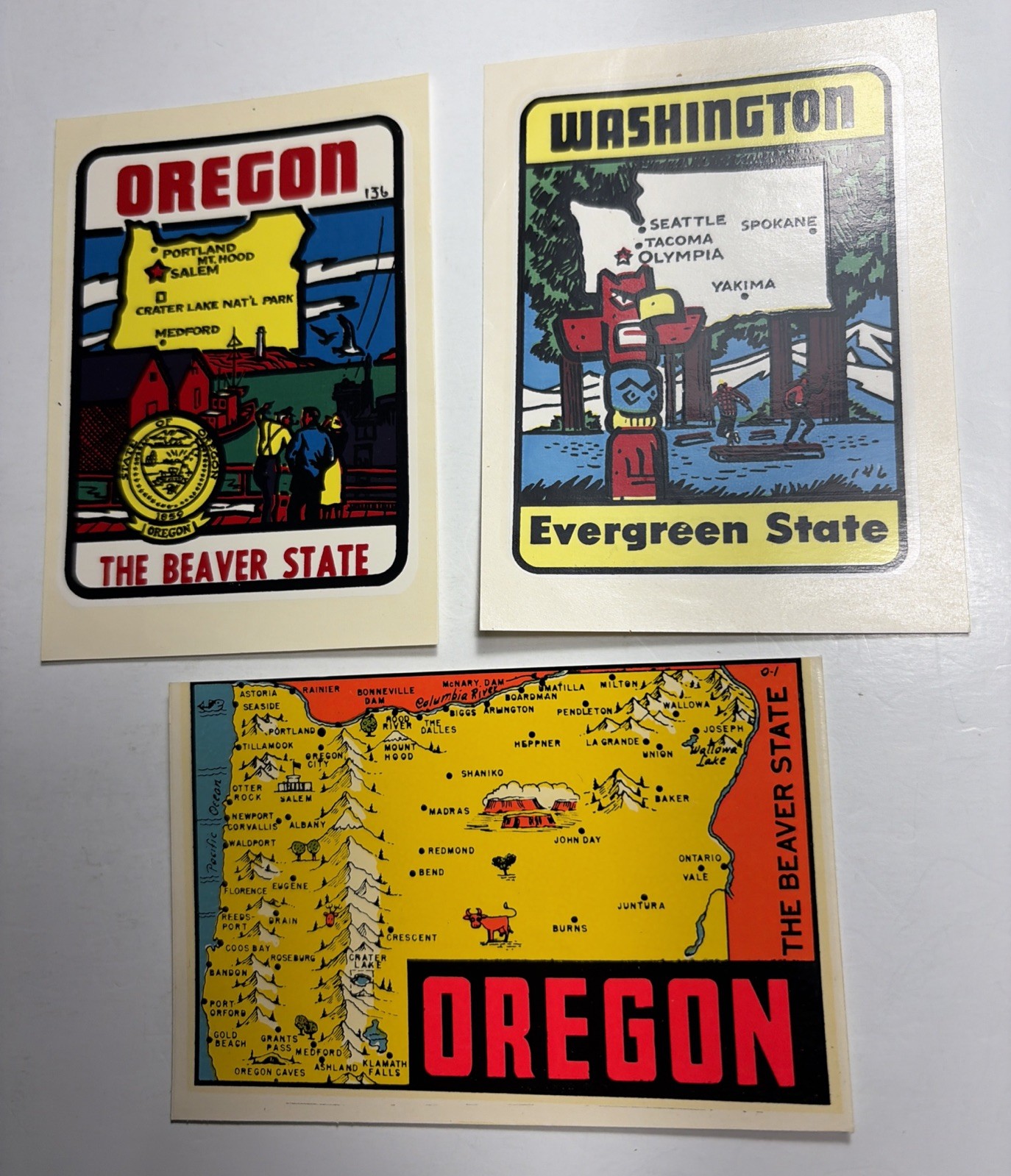 Three 1960’s Oregon Washington Travel Decals Unused Vintage Original