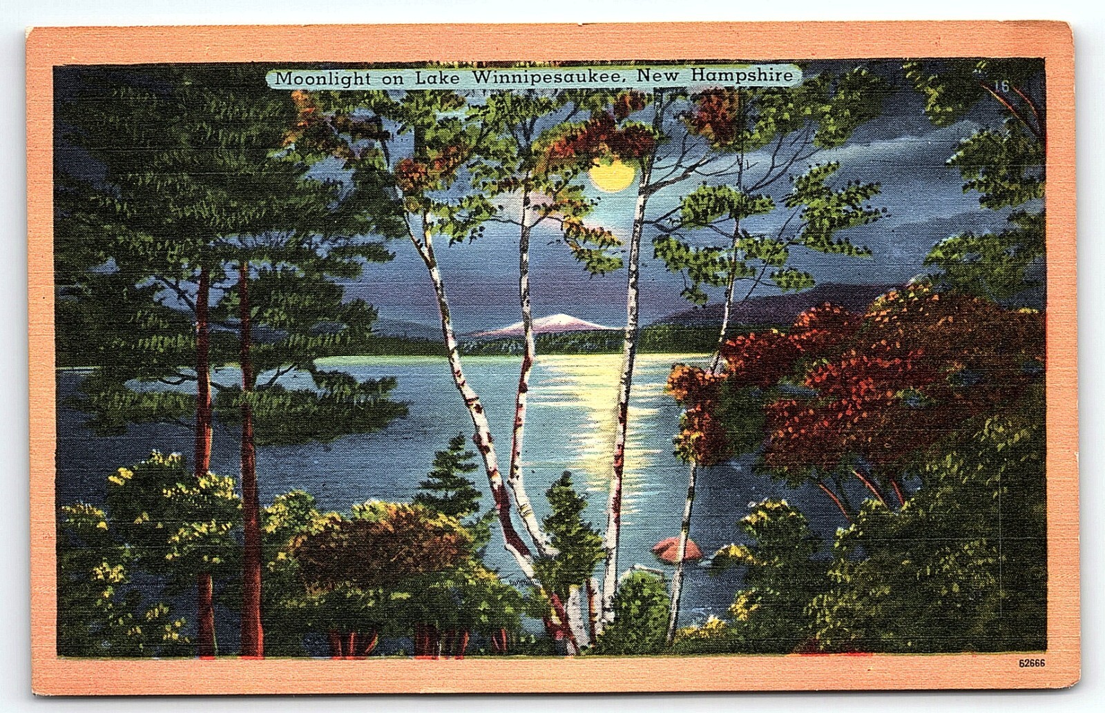 1930s LAKE WINNIPESAUKEE NEW HAMPSHIRE NH MOONLIGHT ON LAKE LINEN POSTCARD P2440