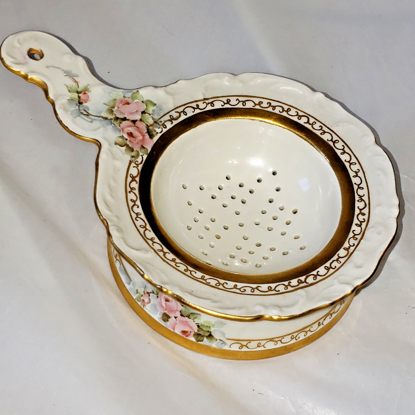 Antique T & V Limoges Haind Painted Tea Strainer With Stand