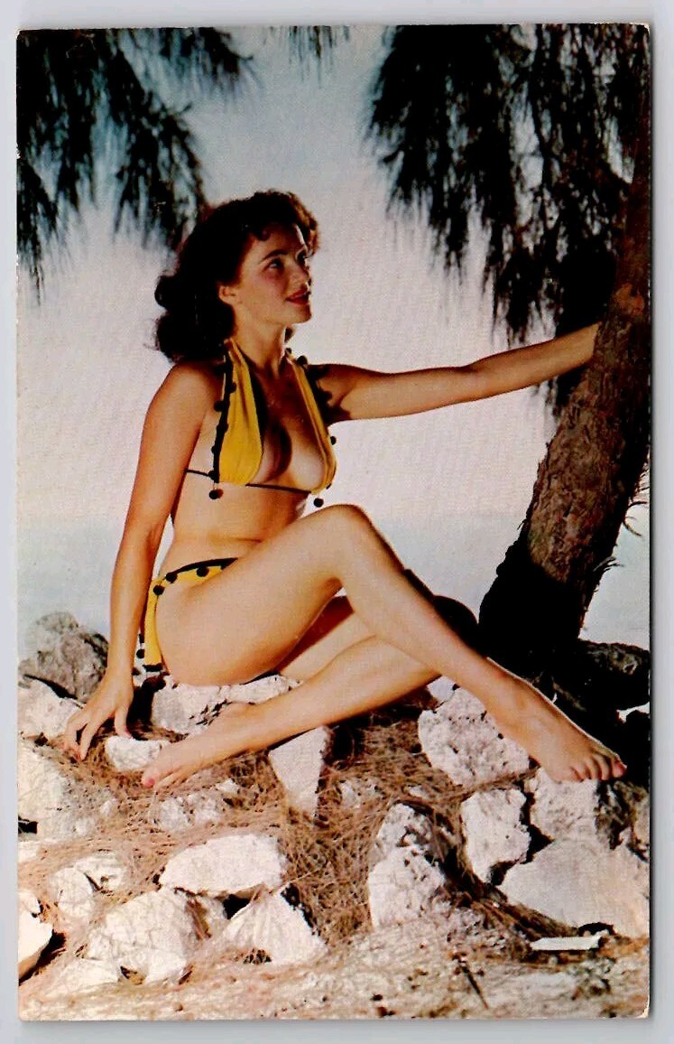 Bathing Beauty Sexy Brunette In PomPom Bikini On Rocks Seaside Postcard T17