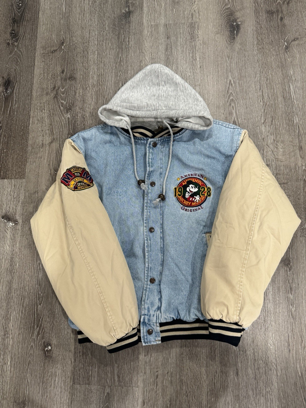 Disney Vintage 90’s Mickey Mouse Denim Varsity Bomber Jacket Embroidered Medium