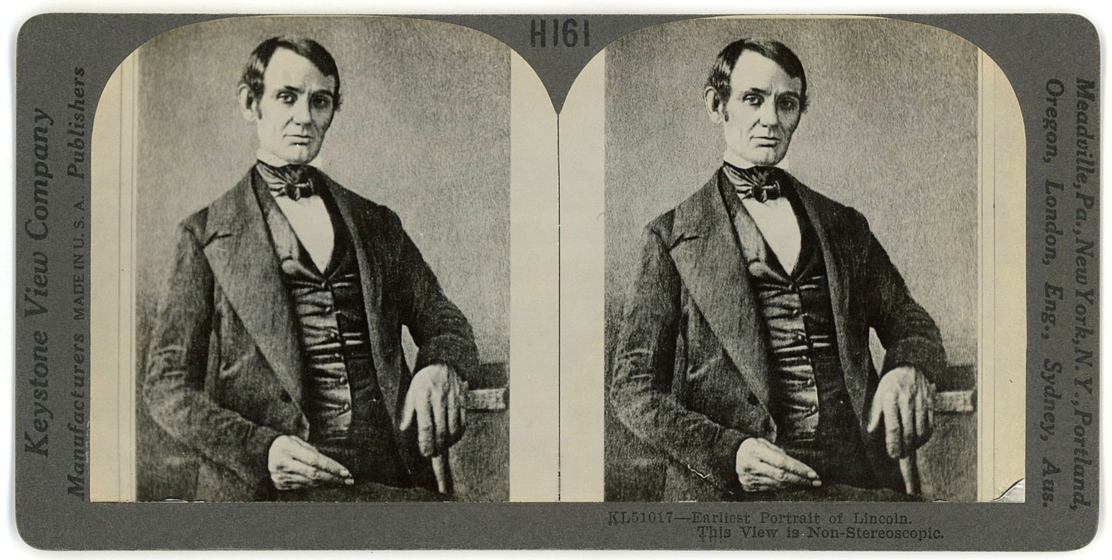 PRESIDENT STEREOVIEW - Earliest Portrait of Abraham Lincoln - Keystone H Series