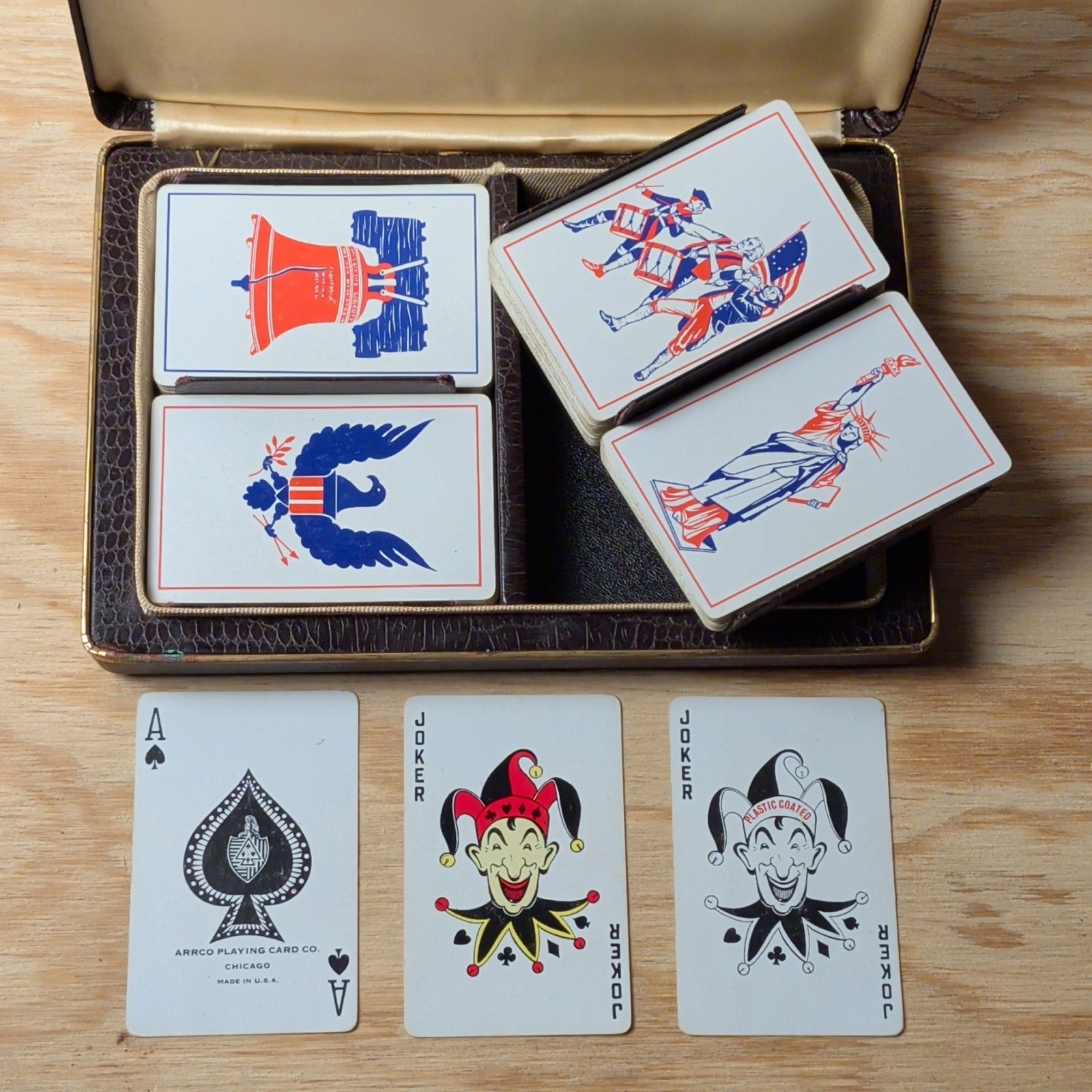 Vintage Mid Century ARRCO Playing Cards 4 Complete Deck Patriotic USA Set Case