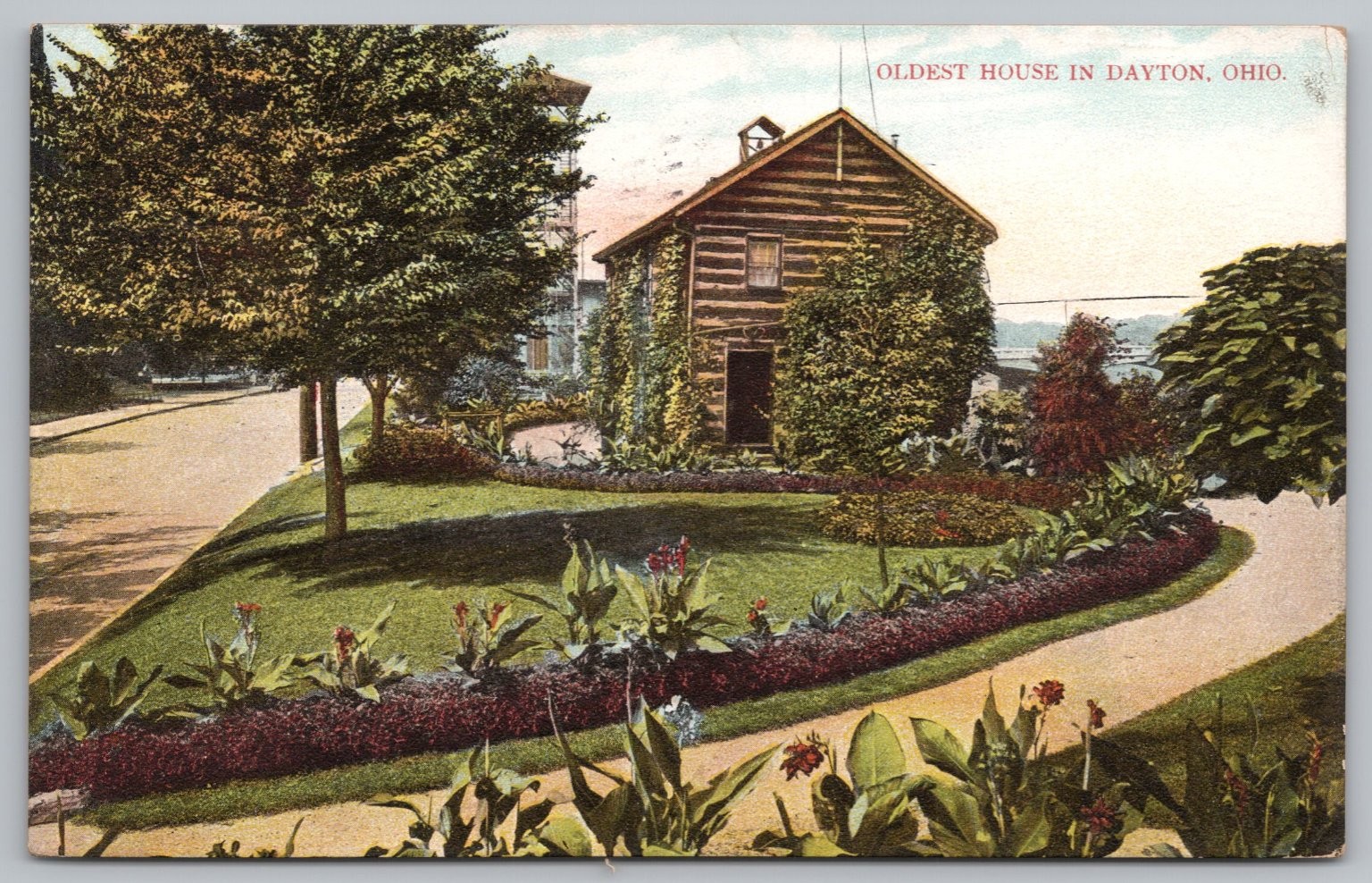 Oldest House Dayton Ohio 1908 Posted Postcard Log Cabin Garden Germany Piqua
