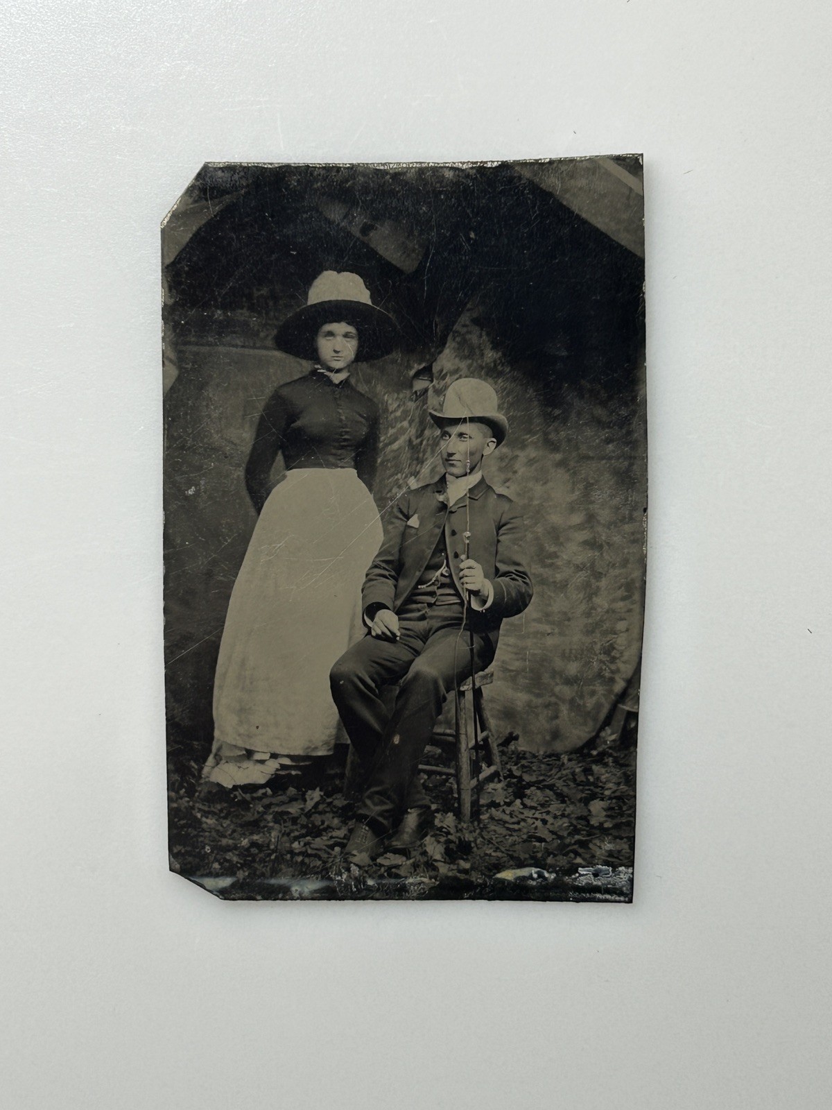 Antique Tintype Couple Man Woman Walking Cane Hat Victorian 1/6 Plate Photo