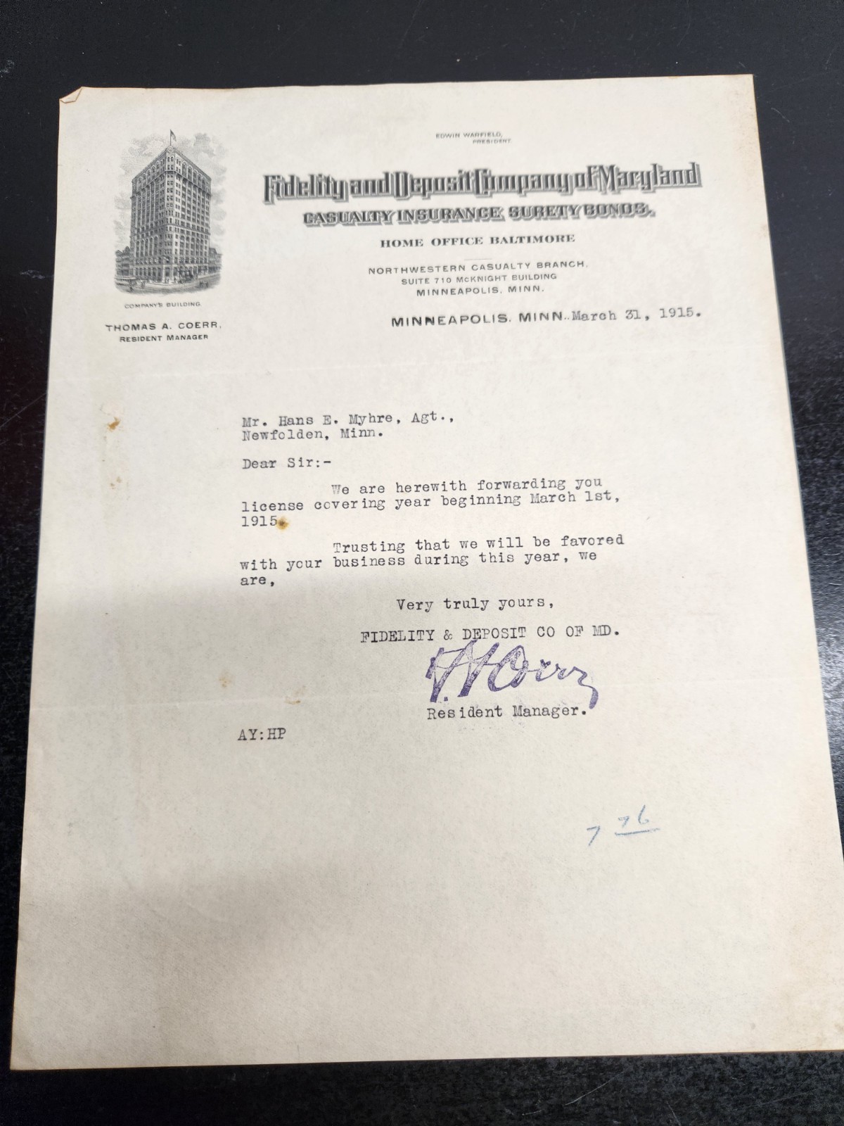 VTG 1915 Billhead Masthead of the Fidelity and Deposit Company of Maryland