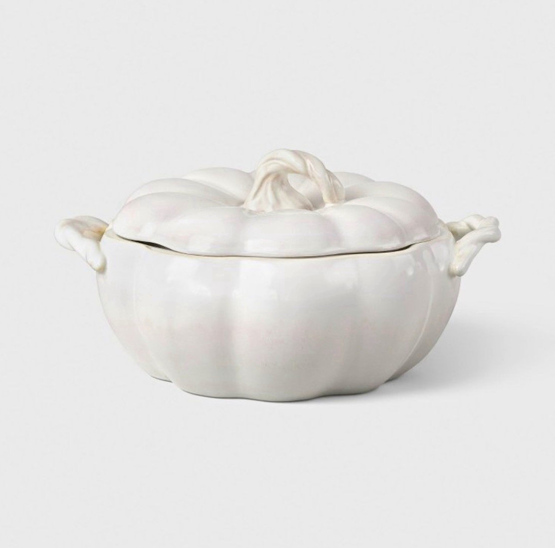 White Glossy Ceramic Pumpkin Soup Tureen Serving Bowl w/ Lid, Solid