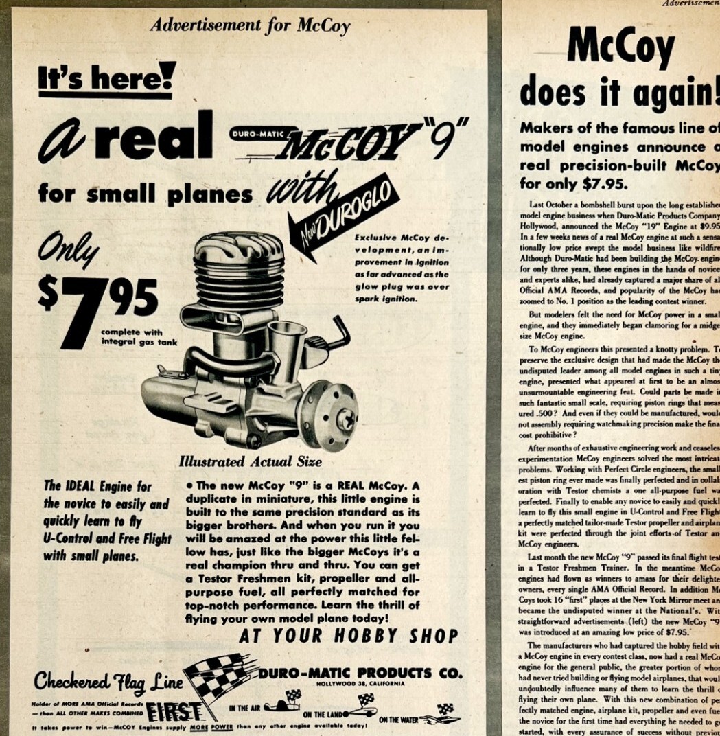 1949 Aviation McCoy 9 Airplane Model Engine Advertisement Duro-Matic Brooklyn