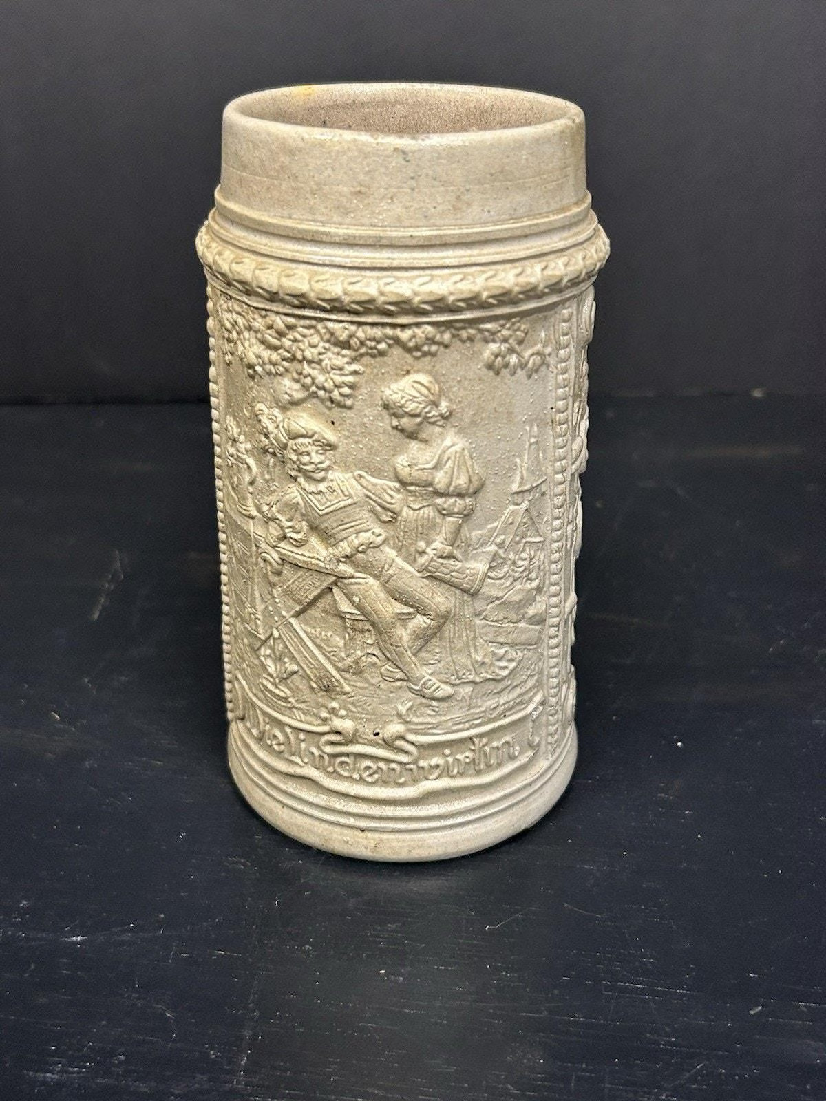 Vintage German Salt-Glazed Beer Stein Die Lindenwirtin Pewter-Lid Tankard