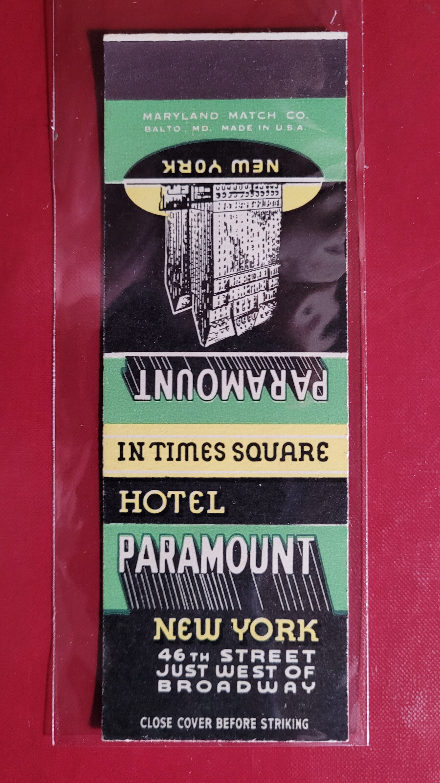 1930's Hotel Paramount New York Times Square Matchbook Match Cover