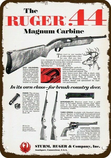 1966 RUGER .44 MAGNUM CARBINE RIFLE GUN Vintg-Look DECORATIVE REPLICA METAL SIGN