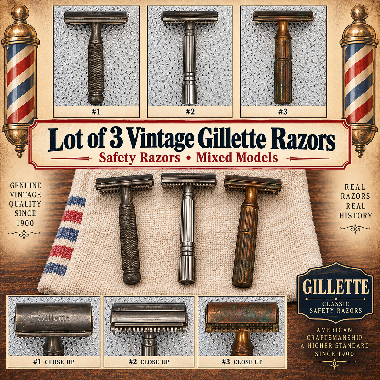 Lot 3 Vintage Gillette Double Edge Safety Razors DE Knurled Handles Gold Tone