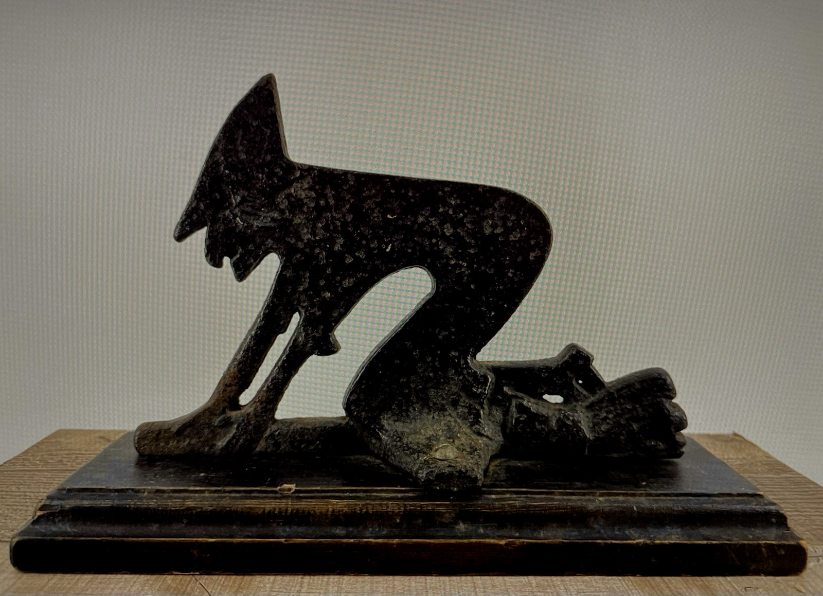 RARE Antique Cast Iron Black Witch Boot Scraper Mounted Wooden Base 8X12\