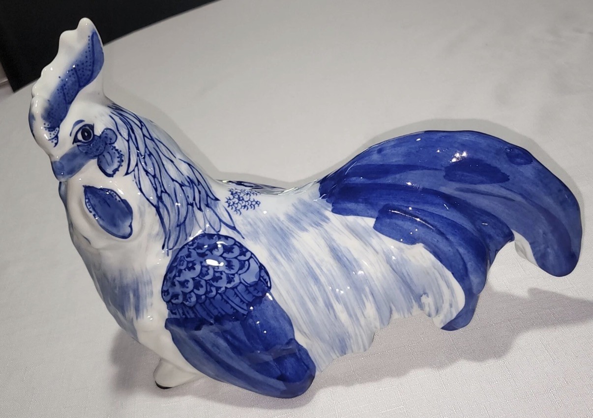 VINTAGE 1960s Rooster Bird Cobalt Blue White Hand Painted Delft Style Figurine