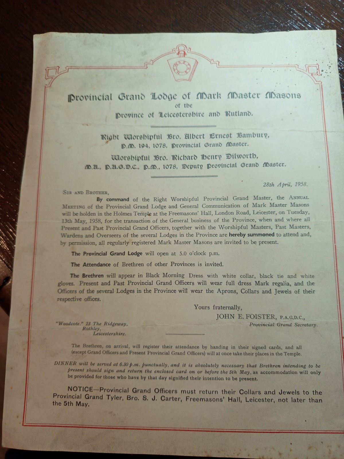 1958 Grand Lodge of Mark Master Masons Leicestershire  Freemasonry masonic/1020