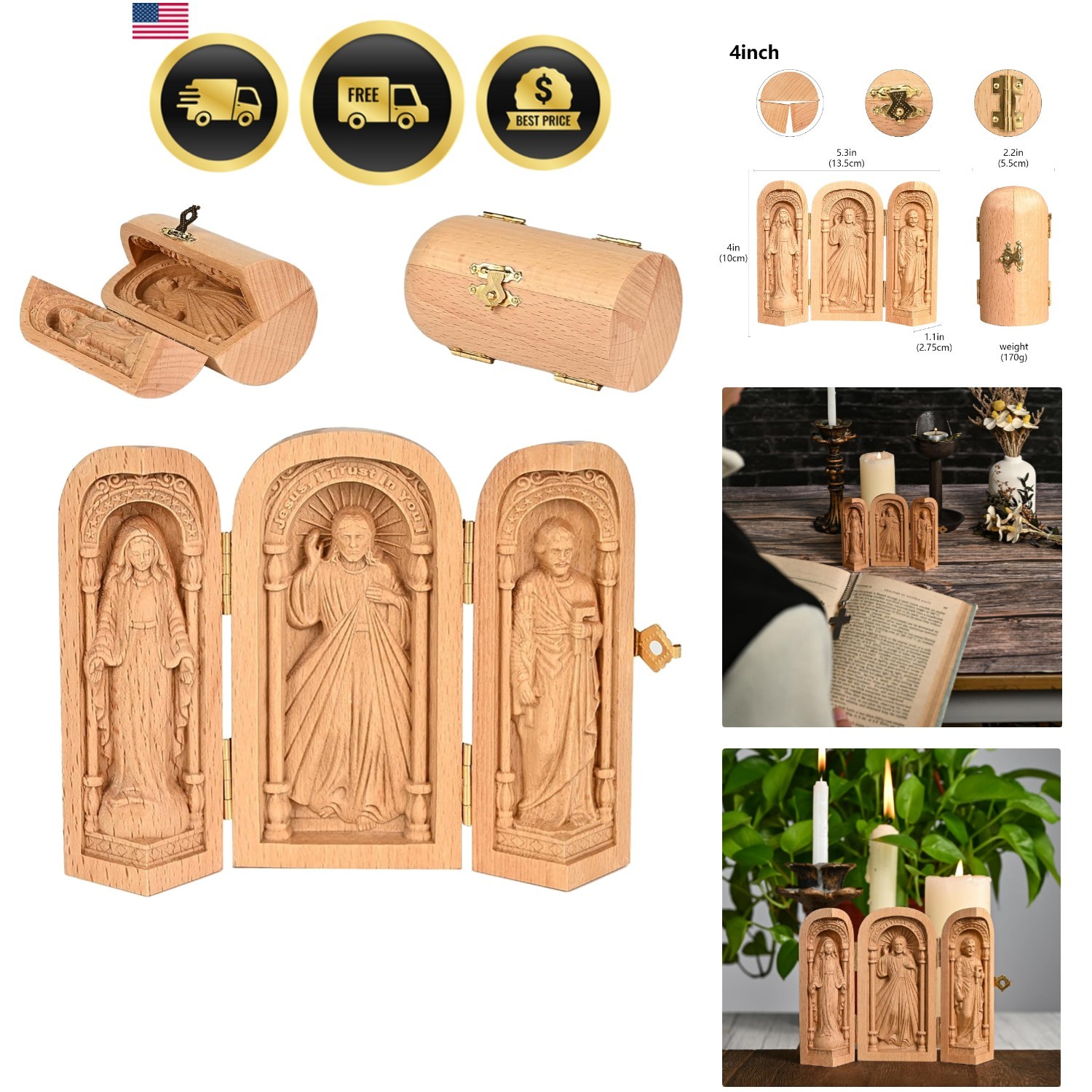 Wooden Catholic Statue of Jesus Virgin Mary St.Joseph-4 Inch