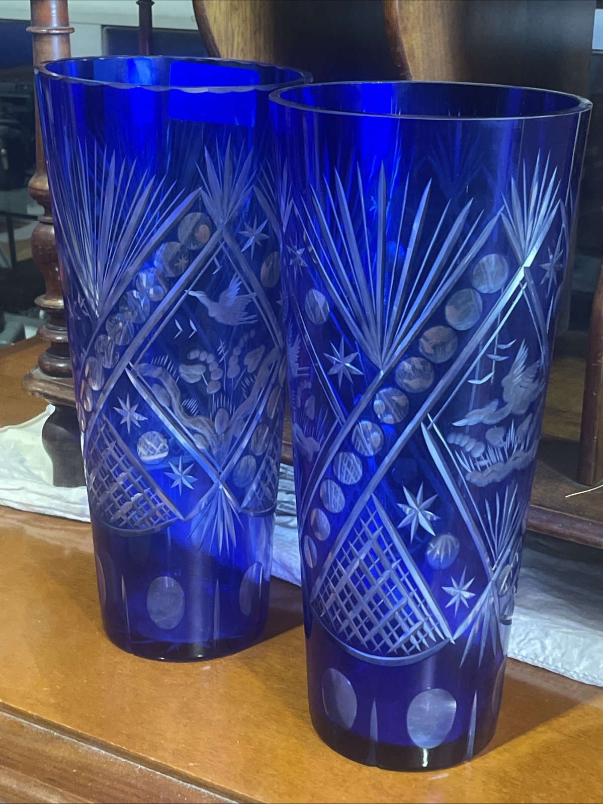 Bohemian x2 Cobalt Blue Cut to Clear Crystal Bird & Starburst Design