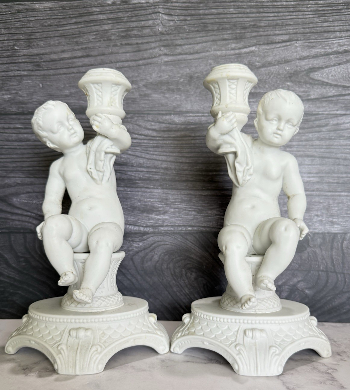 Vintage White Porcelain Cherub Candlesticks Pair Putti Candle Holders Figural