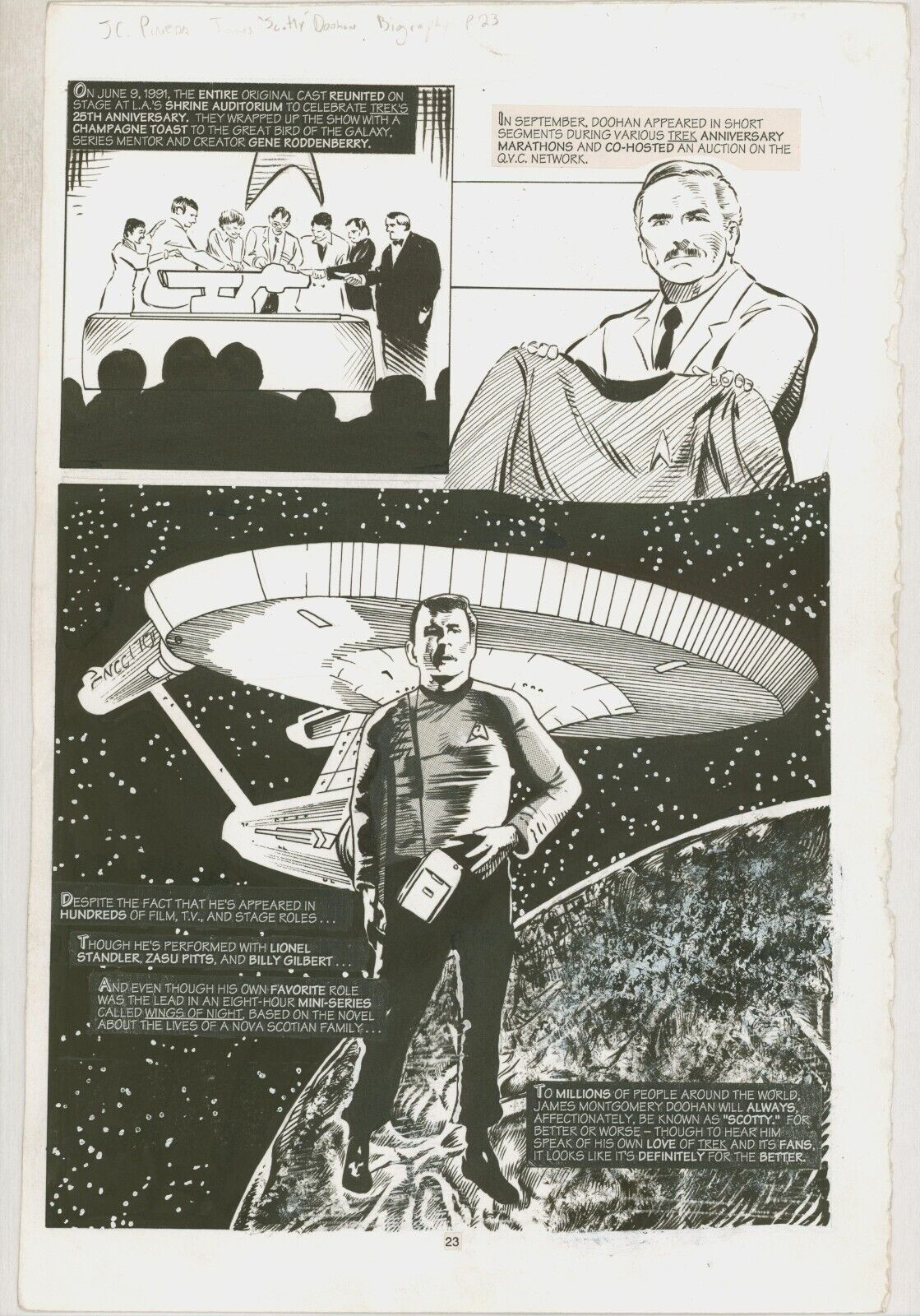 Personality Comic James Doohan Scotty Star Trek Original Art w/ TOS Enterprise