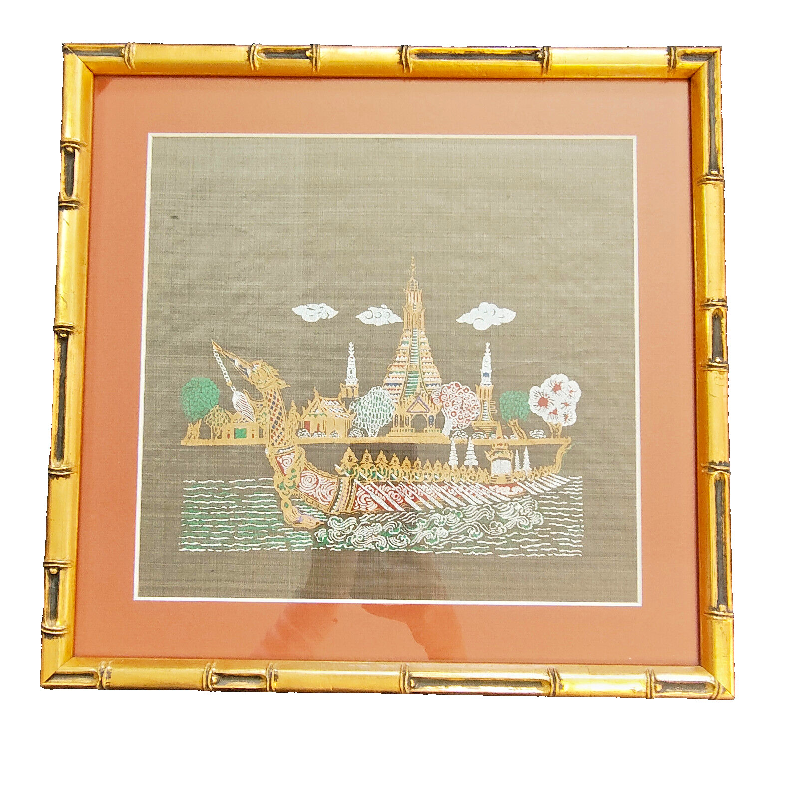 VTG Hand Painted Silk Thai Art Framed Suphannahong Royal Barge Wat Arun 14.5x14