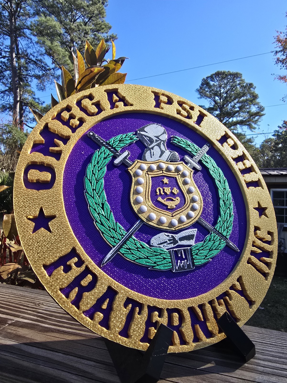 Extra Large Omega Psi Phi Shield Decorative Plate w/ 2-Piece Display Stand